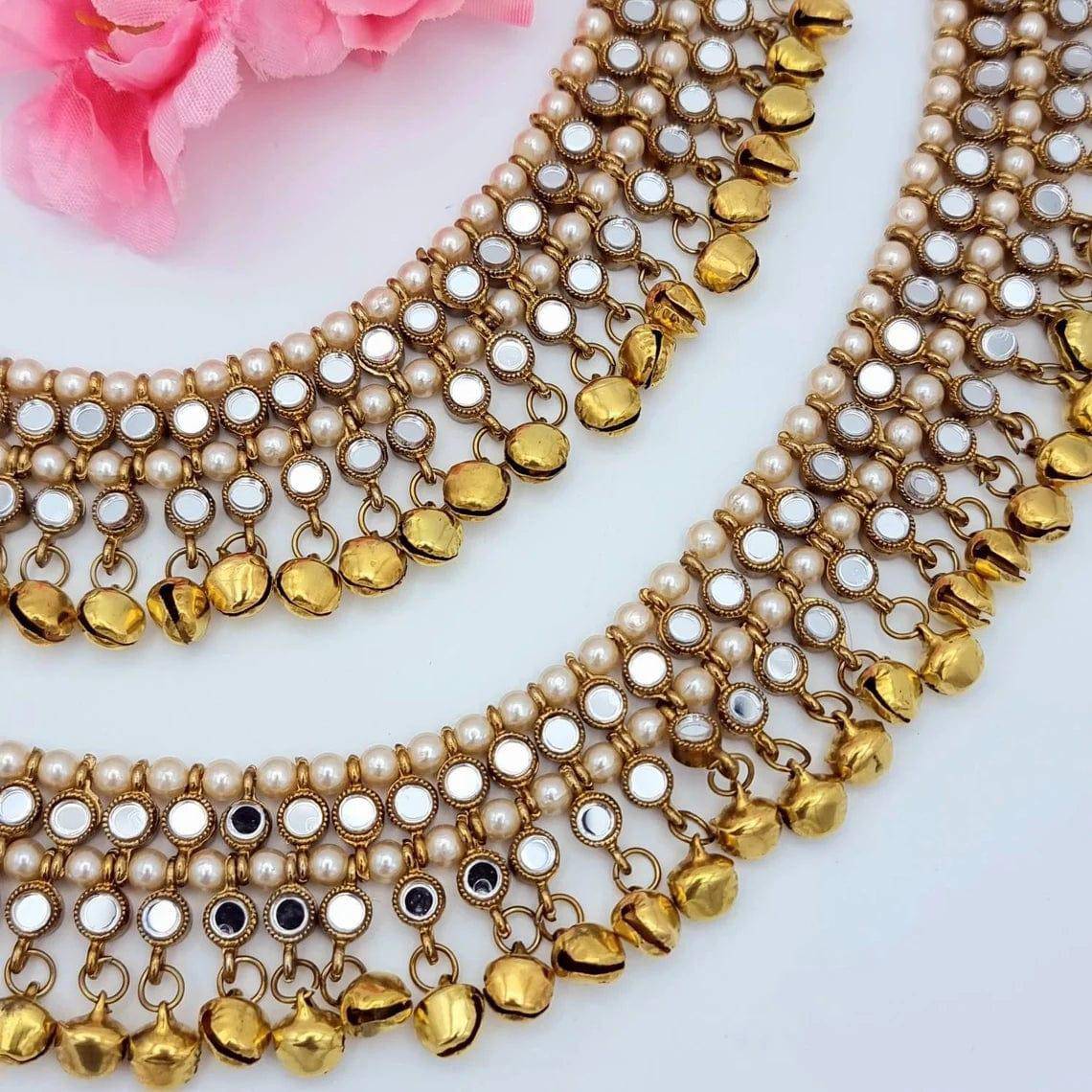 Ishal - Antique Gold Mirrored and pearl Anklet With Bells – Anklet | Fancy Fab Jewels UK
