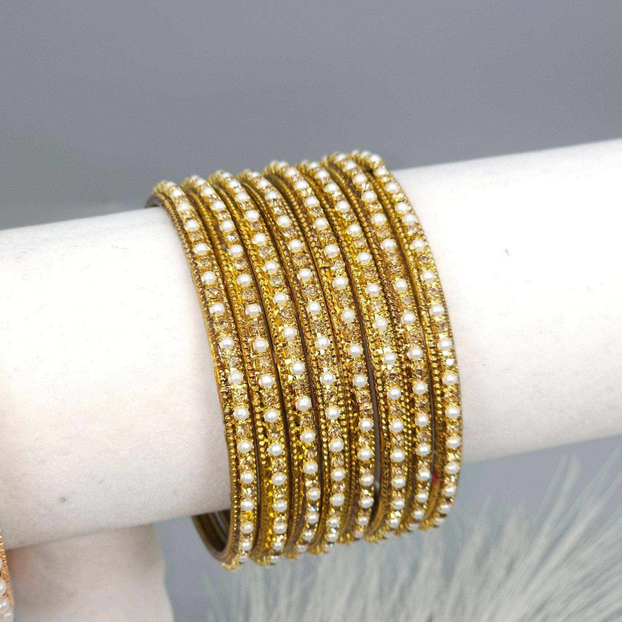 8 Pcs Antique Gold Pearl Bangle Set – Bangles | Fancy Fab Jewels UK