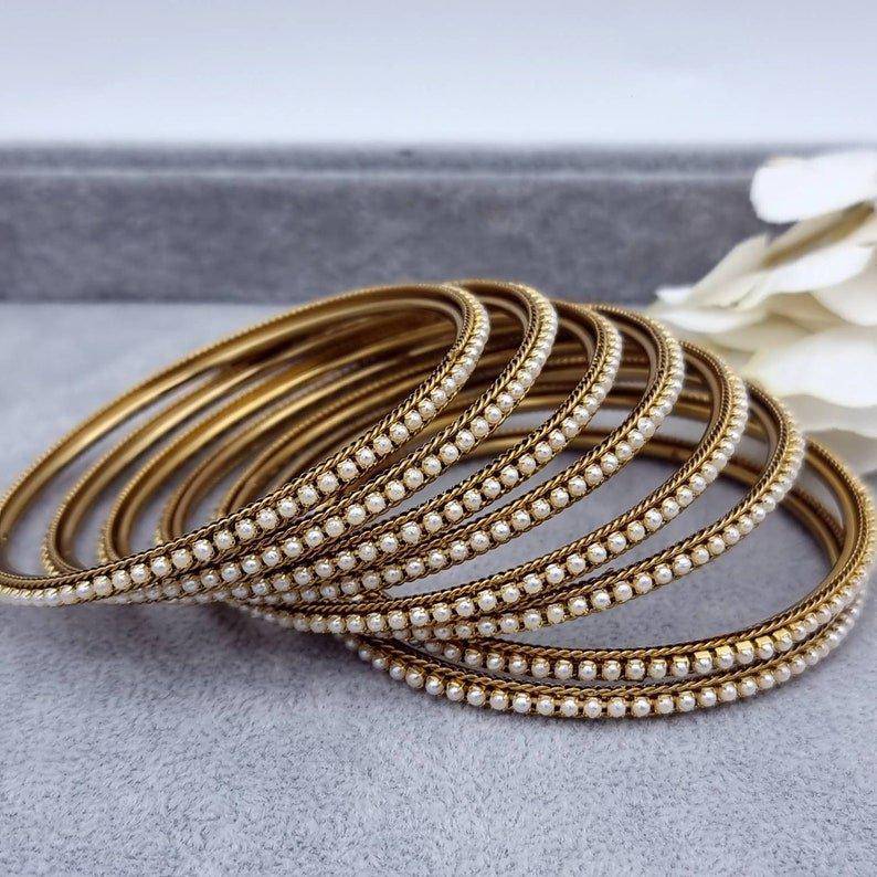 Cemel 8 pcs Antique Gold Pearl Bangle Set – Bangles | Fancy Fab Jewels UK