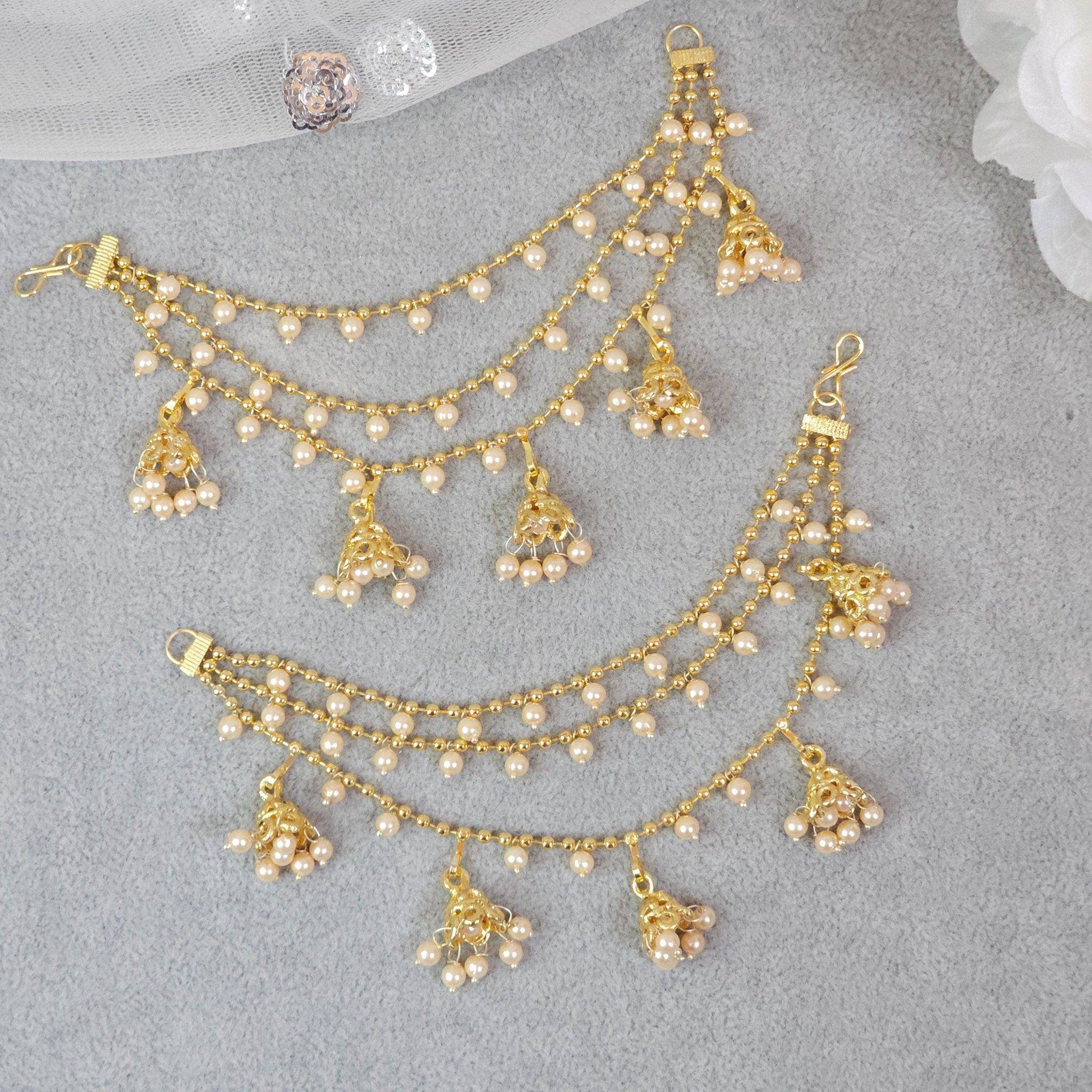 Maya - Bahubali Polki and Pearl Earring Chains/Earchain – Ear Chain | Fancy Fab Jewels UK