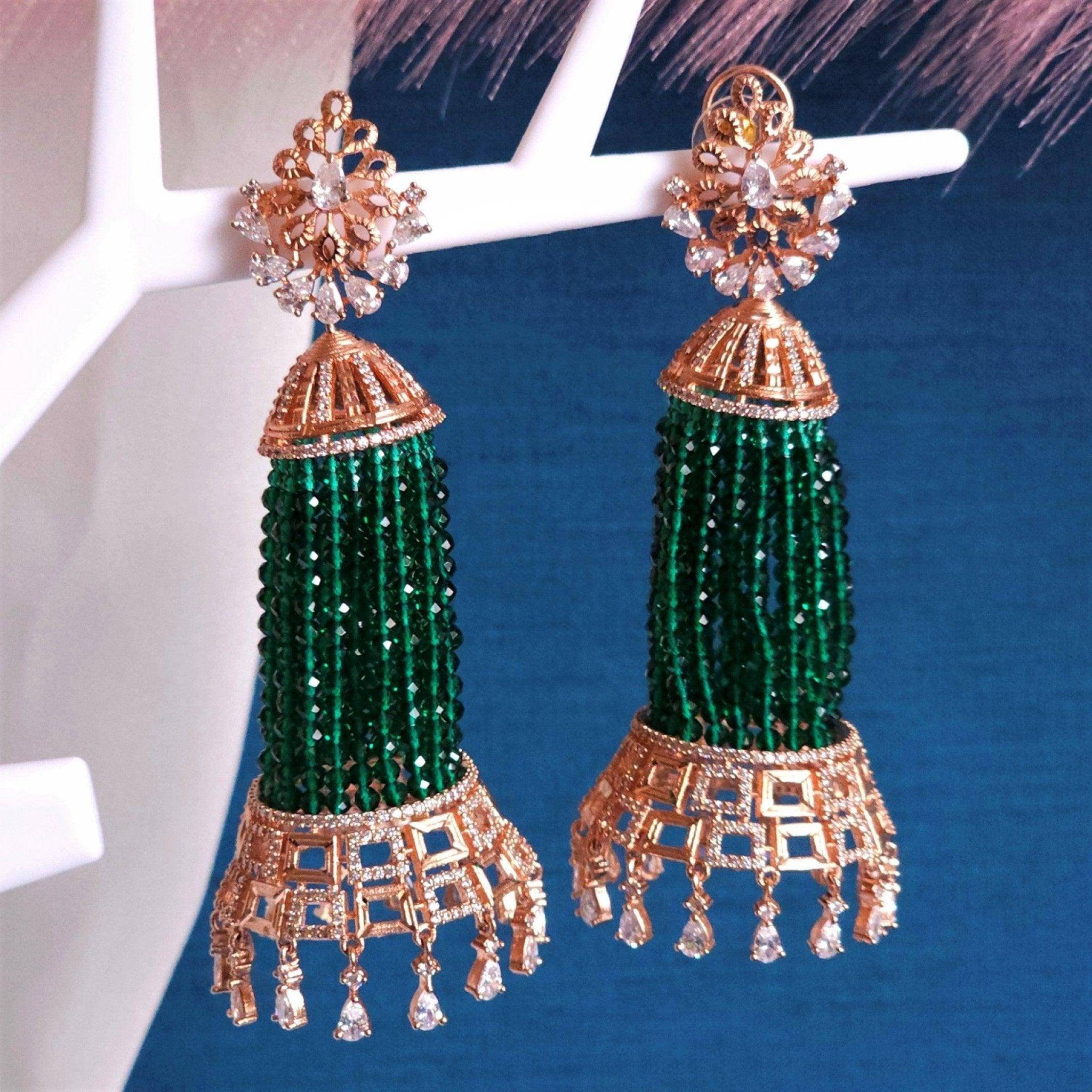 Munira Rose Gold AD Pearl Jhumka Earrings Green – Jhumki | Fancy Fab Jewels UK