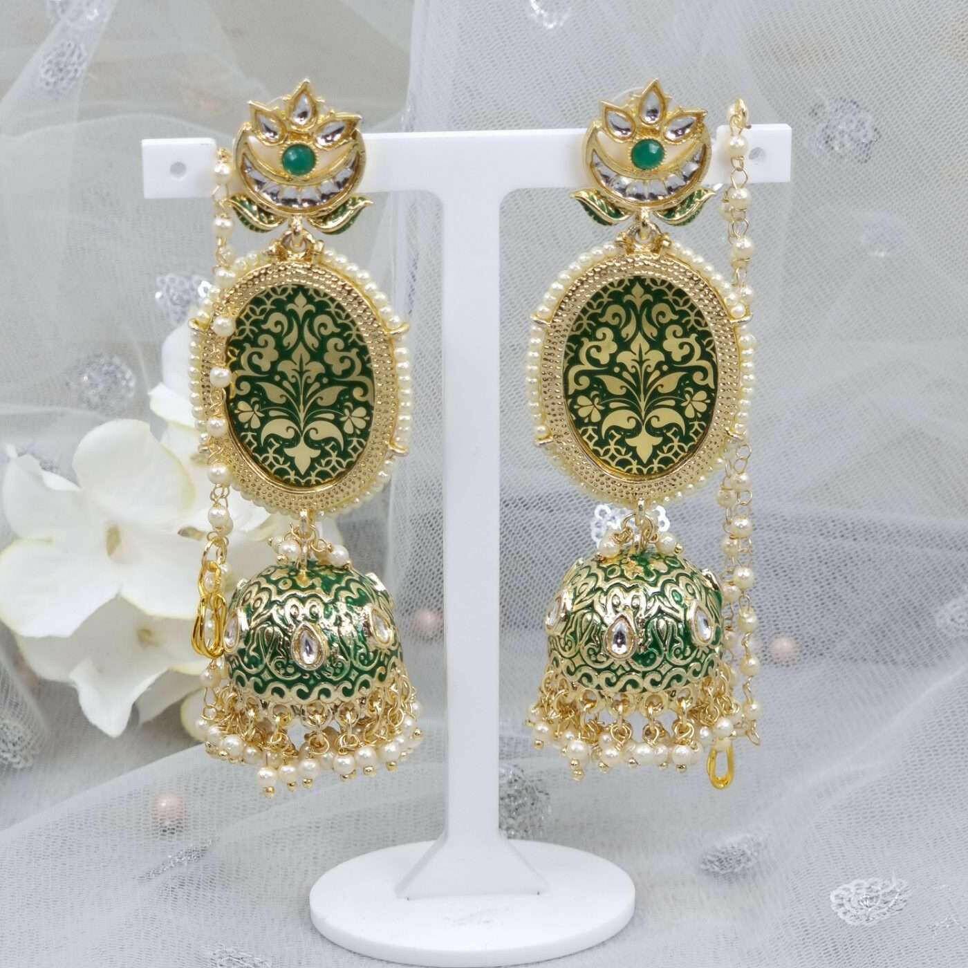 Sonia - Green Kundan Jhumki with Ear Chain – Jhumki | Fancy Fab Jewels UK
