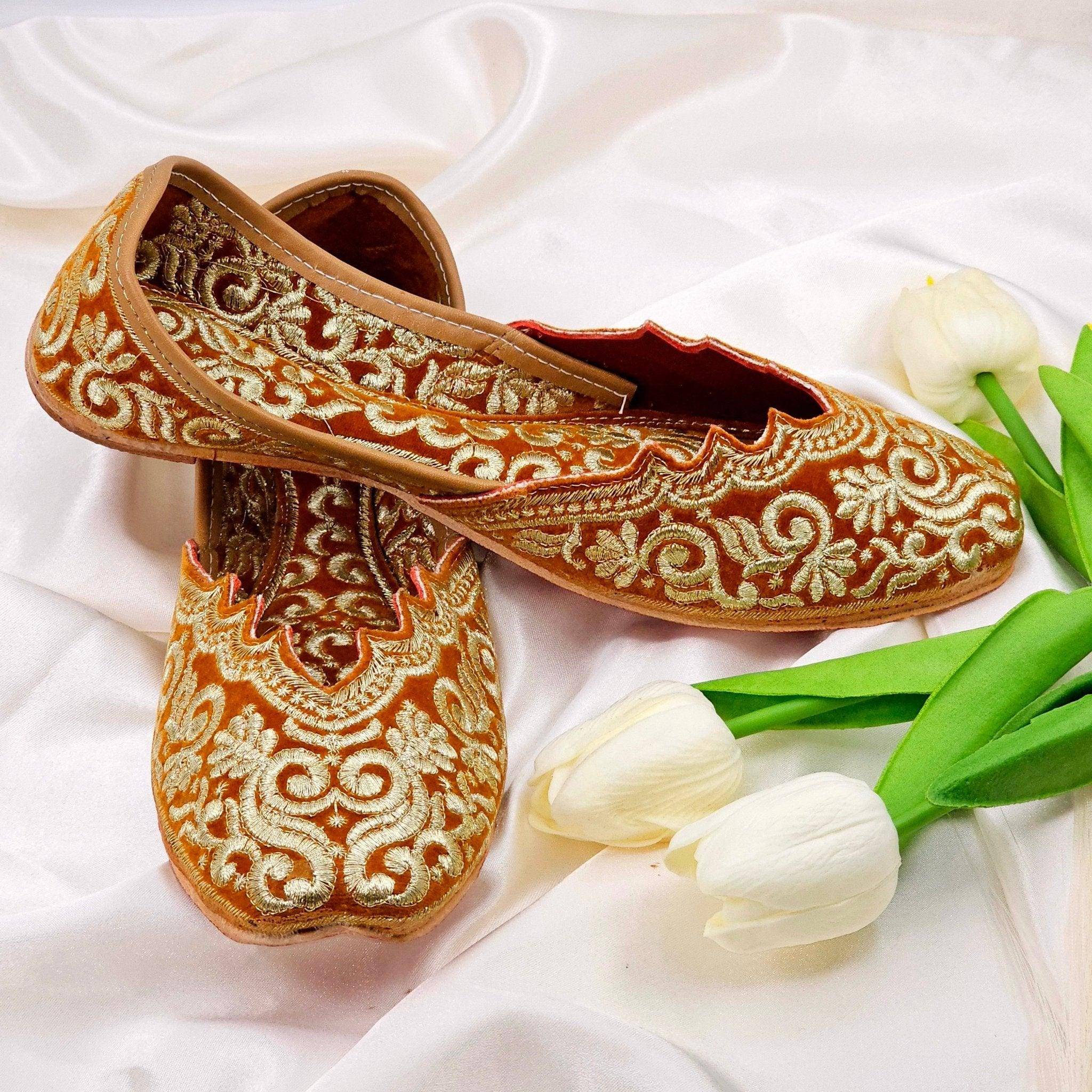 Rust Gold Double Cushion Zari Work Handcrafted Jutti – Jutti | Fancy Fab Jewels UK