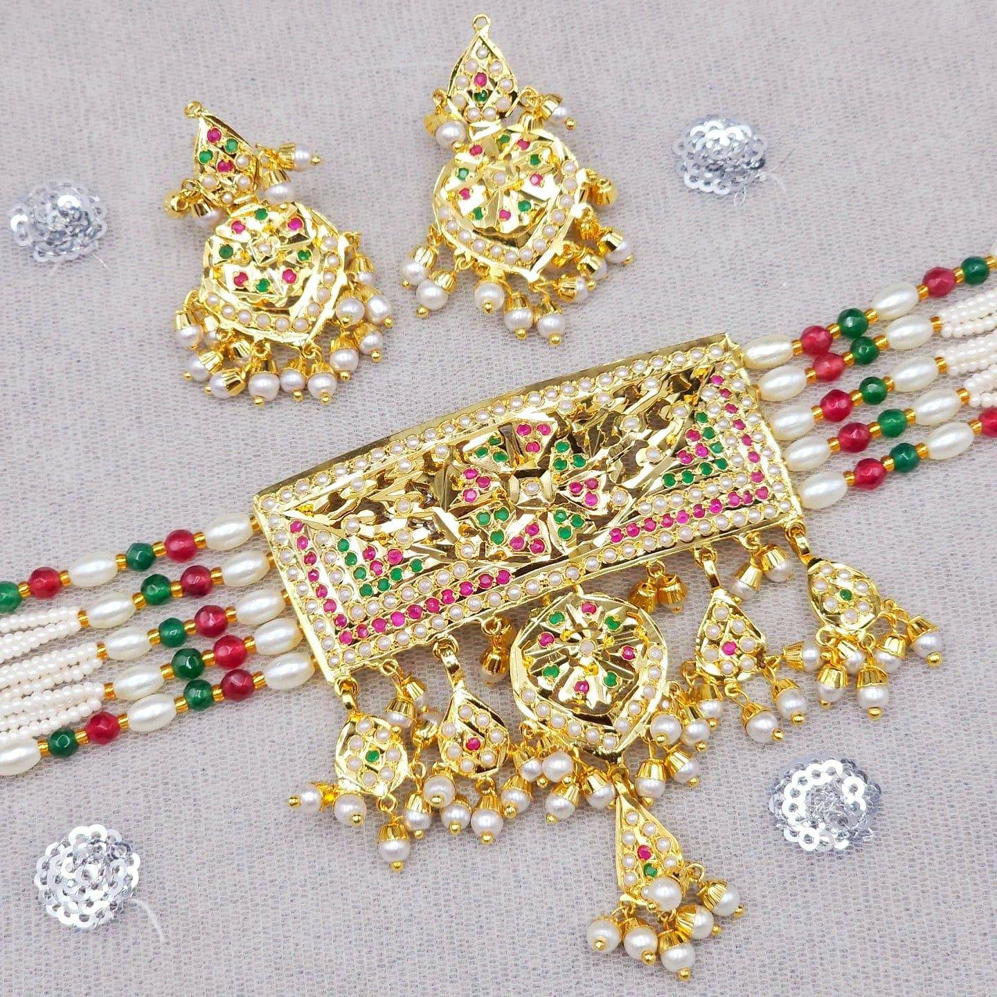 Mahira Premium Quality Jadau Nauratan Choker Set – long necklace | Fancy Fab Jewels UK