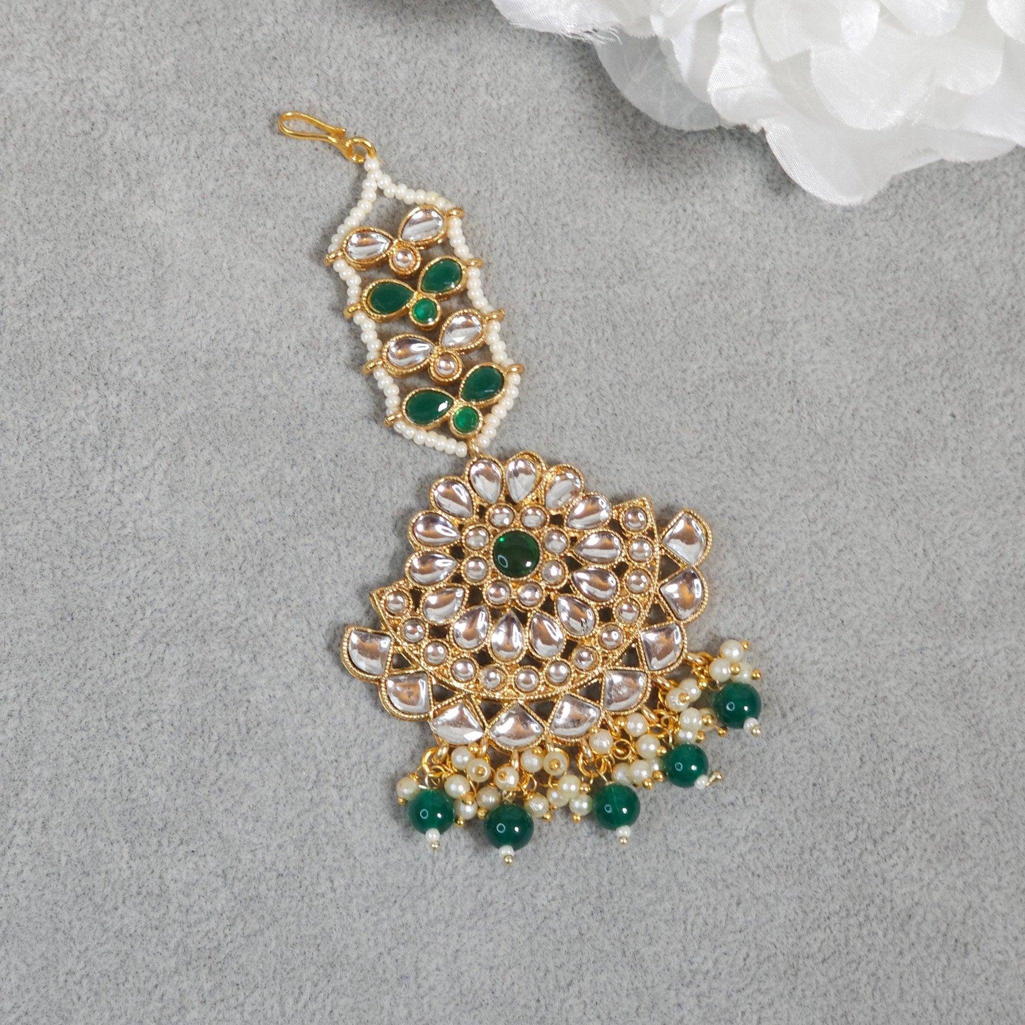 Layla Gold Plated Kundan Beaded Maang Tikka -Green – Mangtikka | Fancy Fab Jewels UK