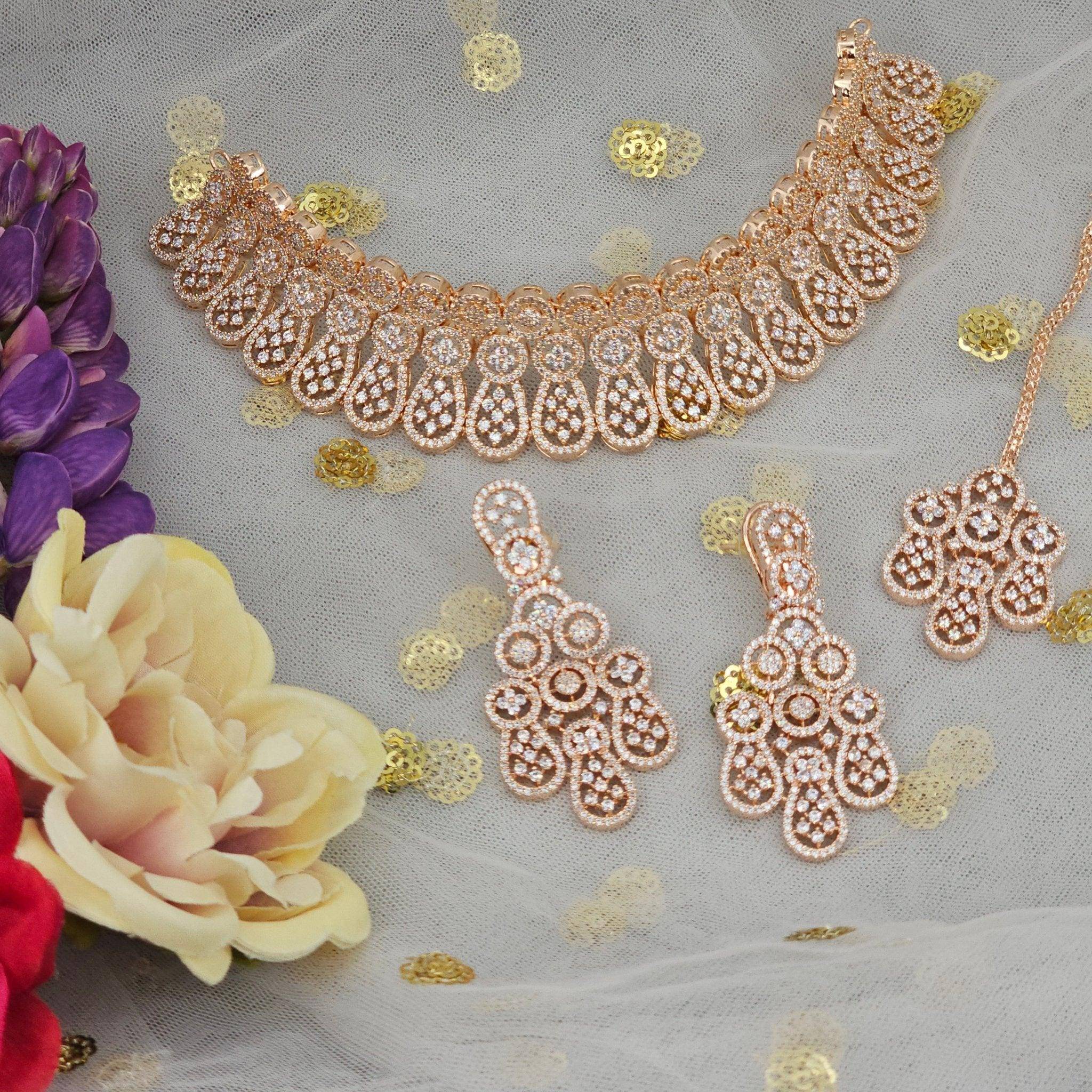 Ezrah Rose Gold AD CZ Choker Necklace set – Necklace | Fancy Fab Jewels UK