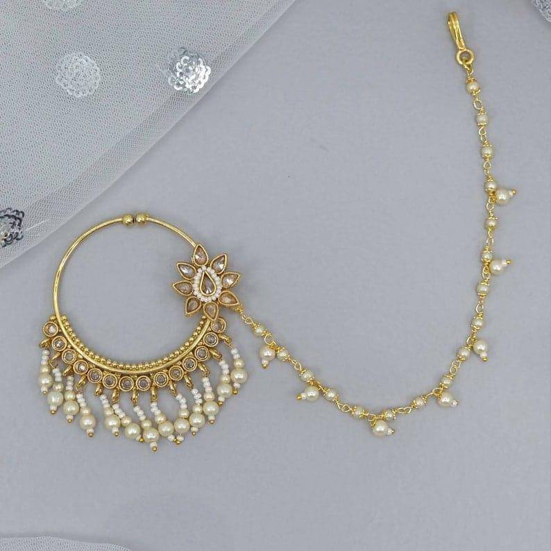 Gold plated Kundan Bridal Nose Ring with chain – Nose Ring | Fancy Fab Jewels UK