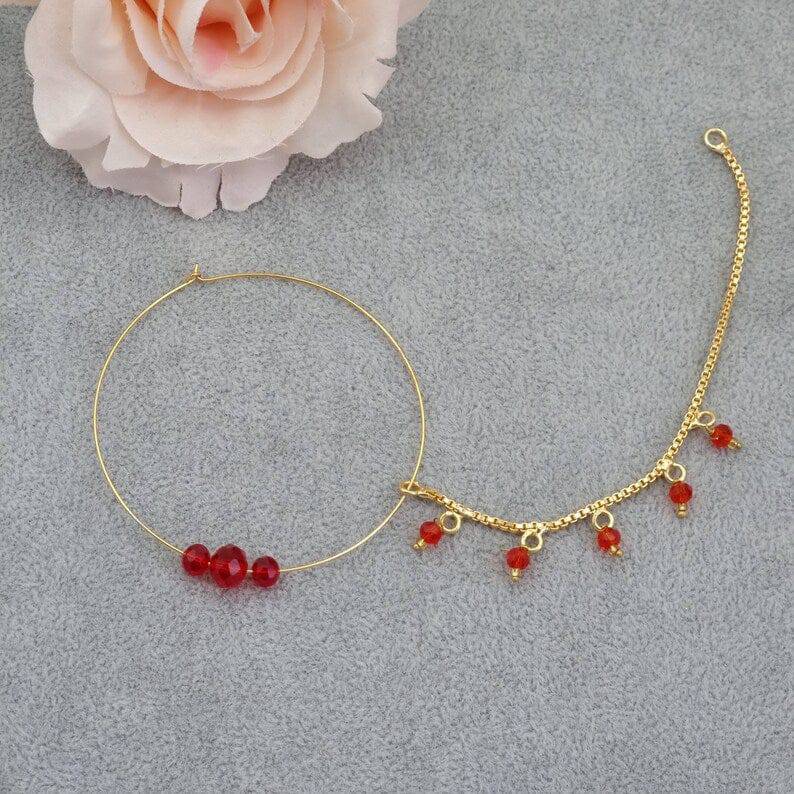 Gorgeous 6cm Red Gold Pearl Bridal Nose Ring with Chain for pierced Nose – Nose Ring | Fancy Fab Jewels UK