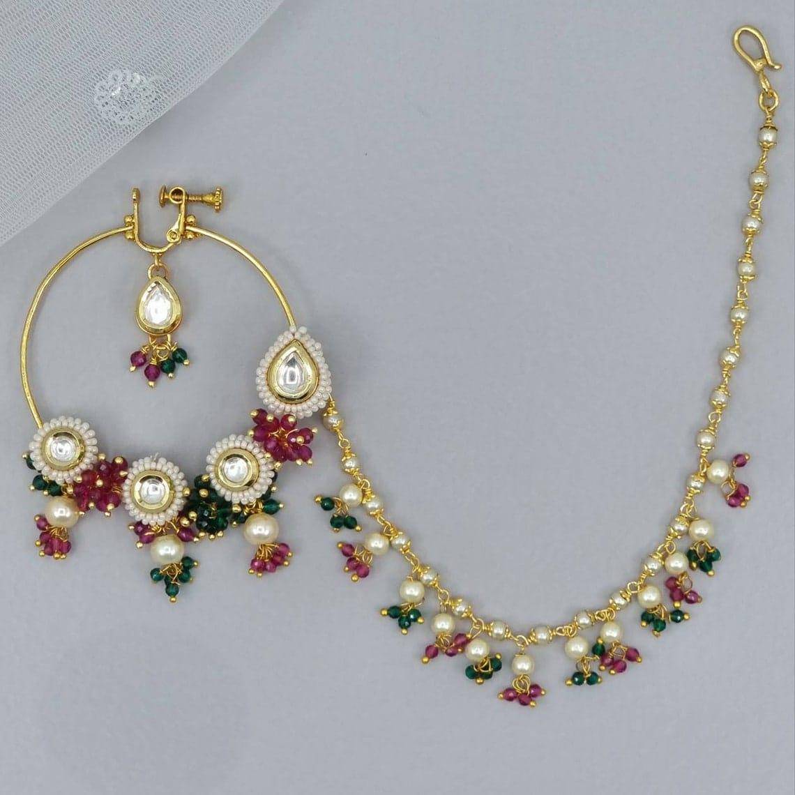 Multicolor Gold plated Kundan Bridal Nose Ring with chain – Nose Ring | Fancy Fab Jewels UK