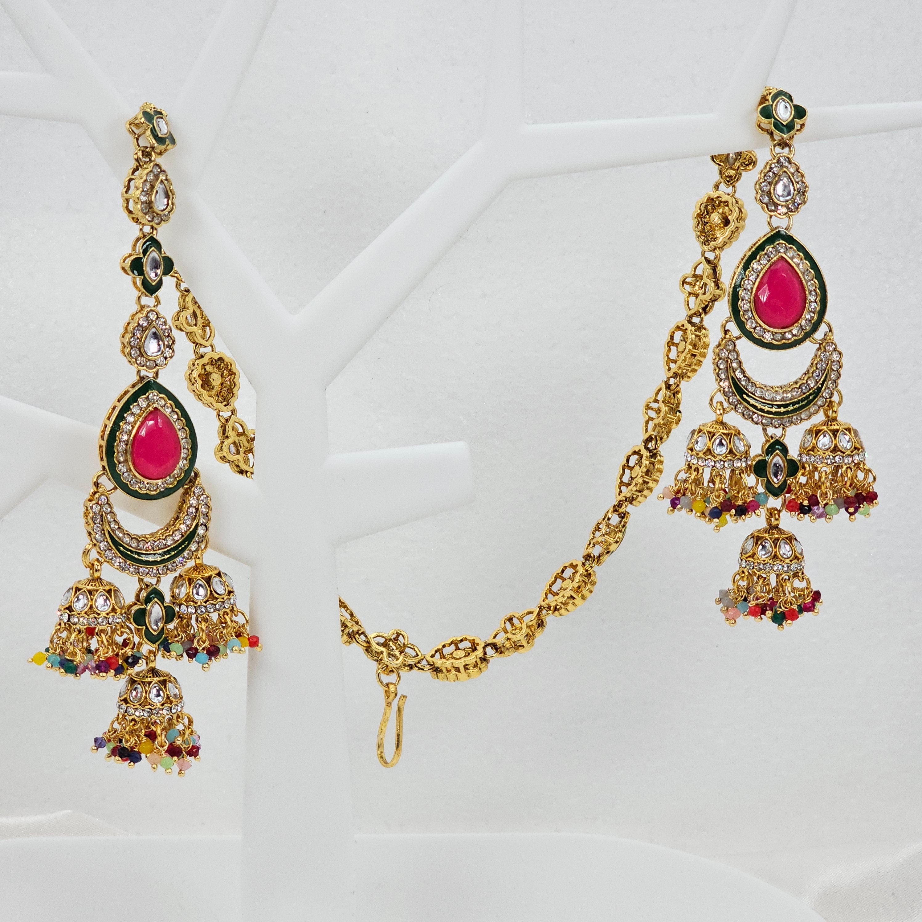 Nora - Kundan Jhumka Earrings with Attached Earchains – Jhumki | Fancy Fab Jewels UK