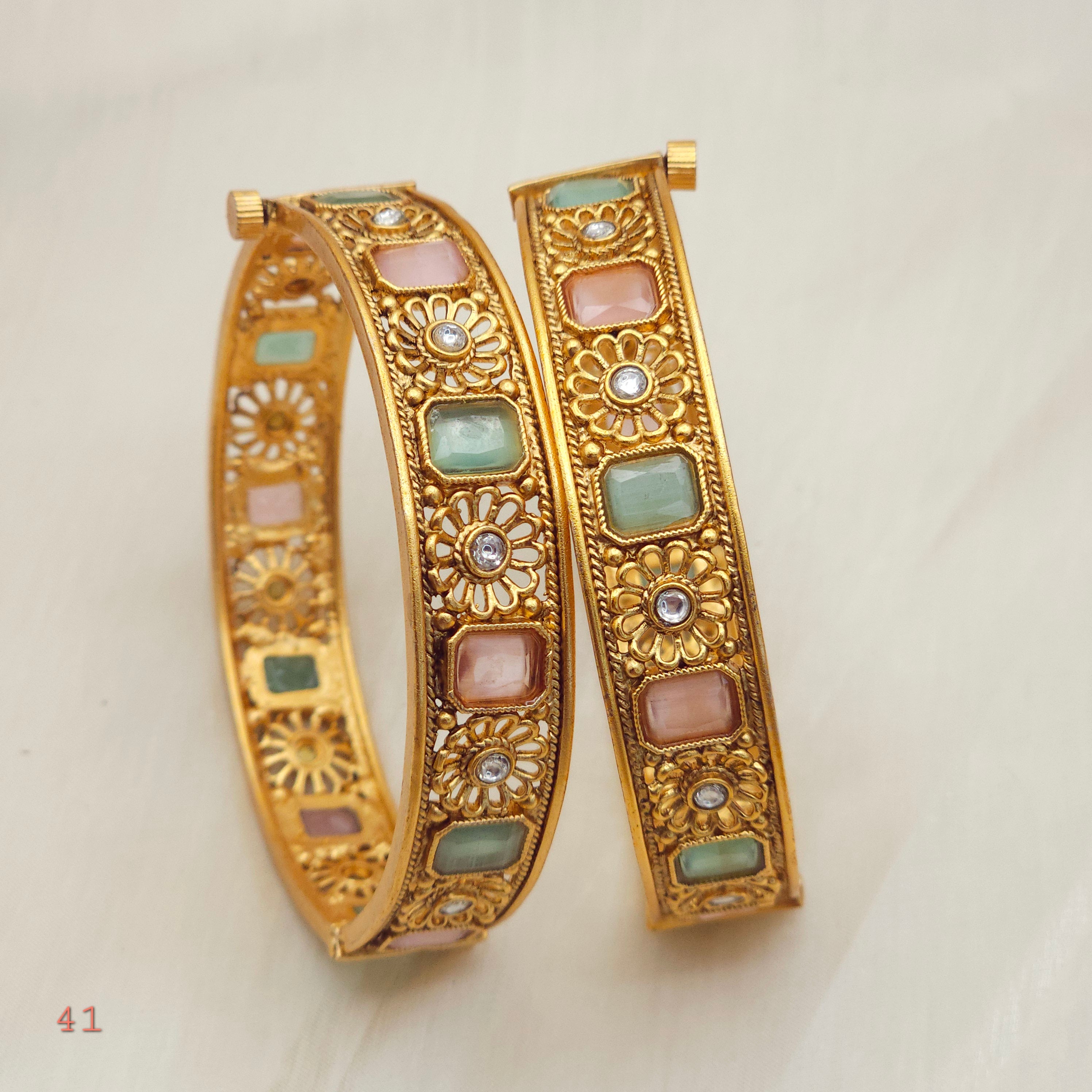 Gold Openable Bangle Set - Mint Pink