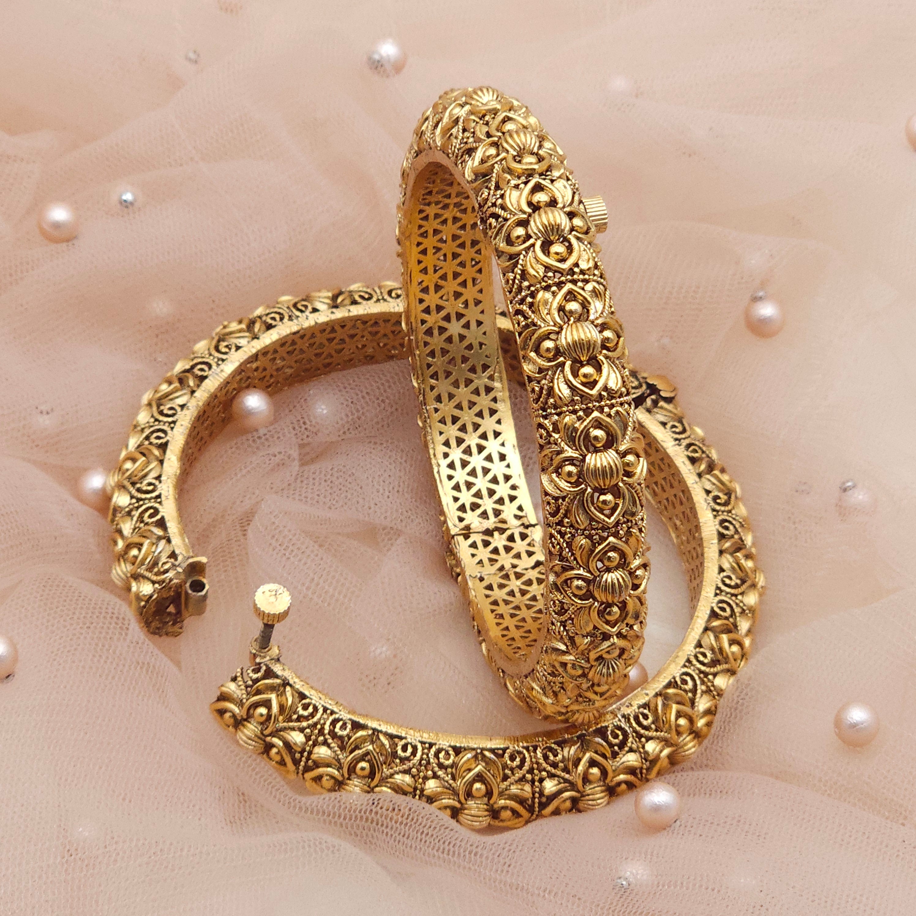 Jaya Gold-Plated Openable Bangle Set – Traditional Floral Design