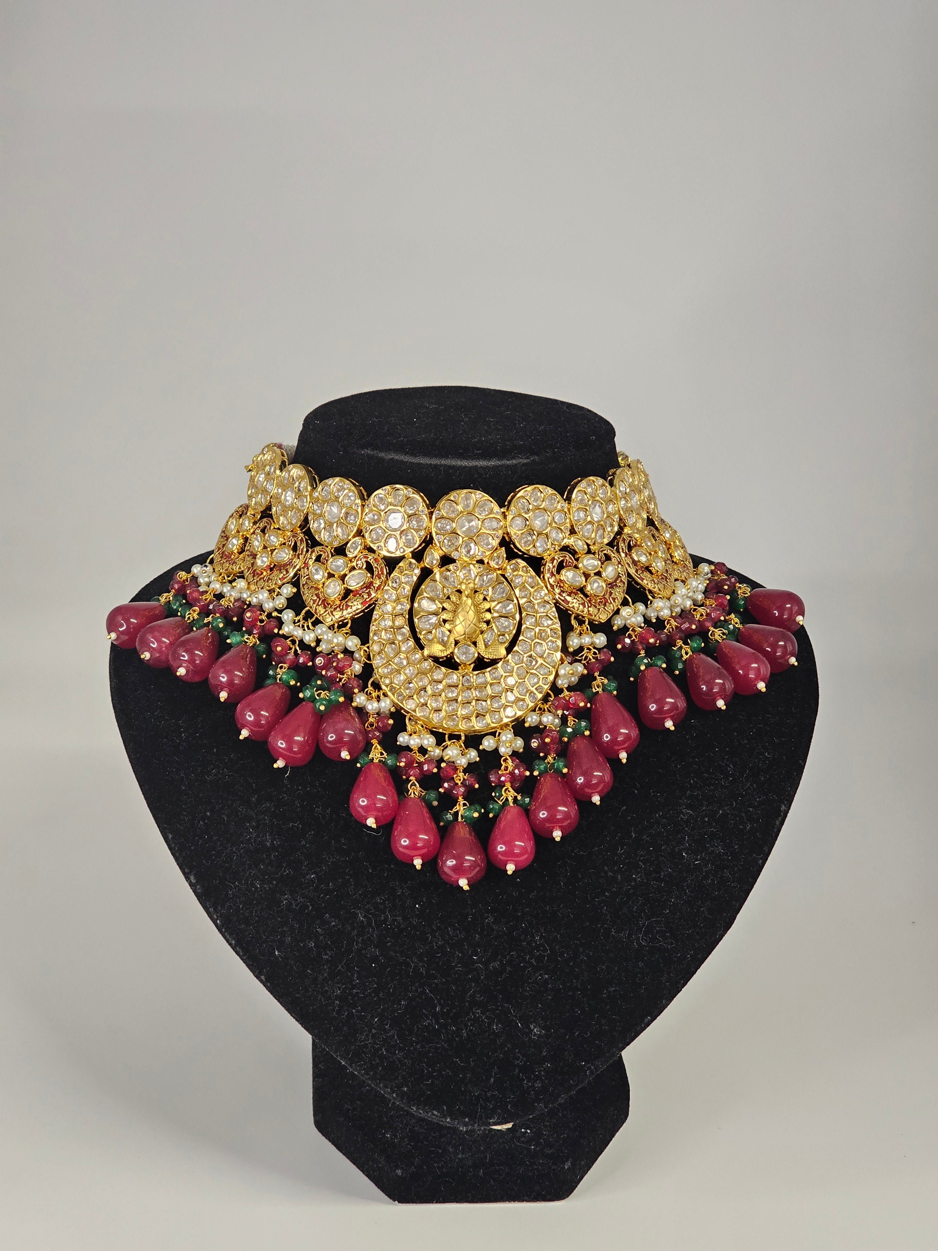 Maroon Gold Paachi Kundan Bridal Choker Necklace Set