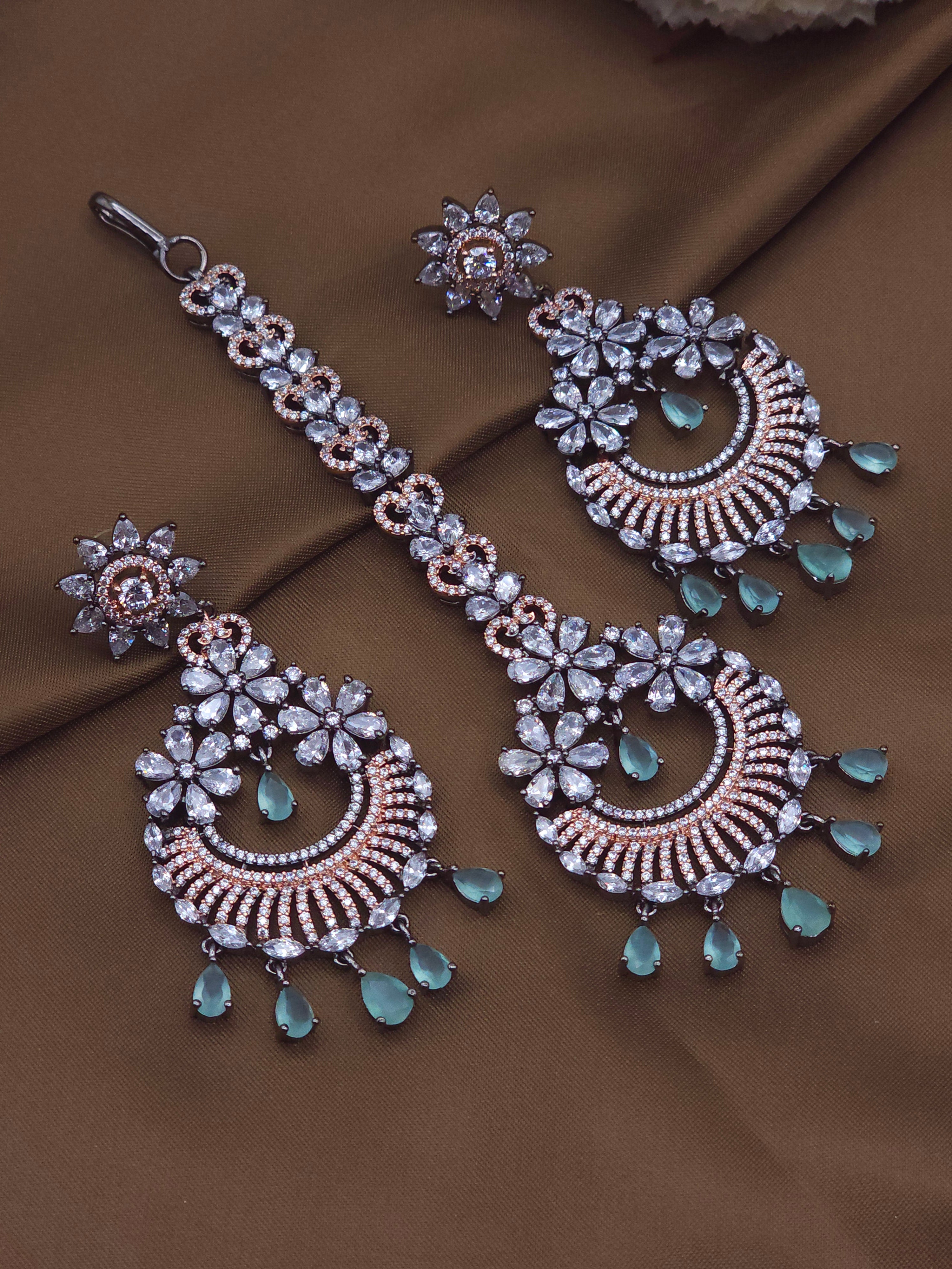 CZ Diamond Chandbali Earrings Tikka Set