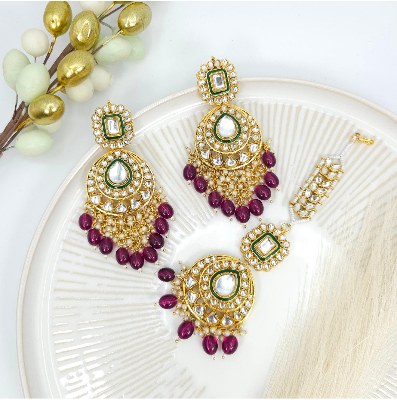 Faya Kundan Pearl Long Earrings Tikka Set