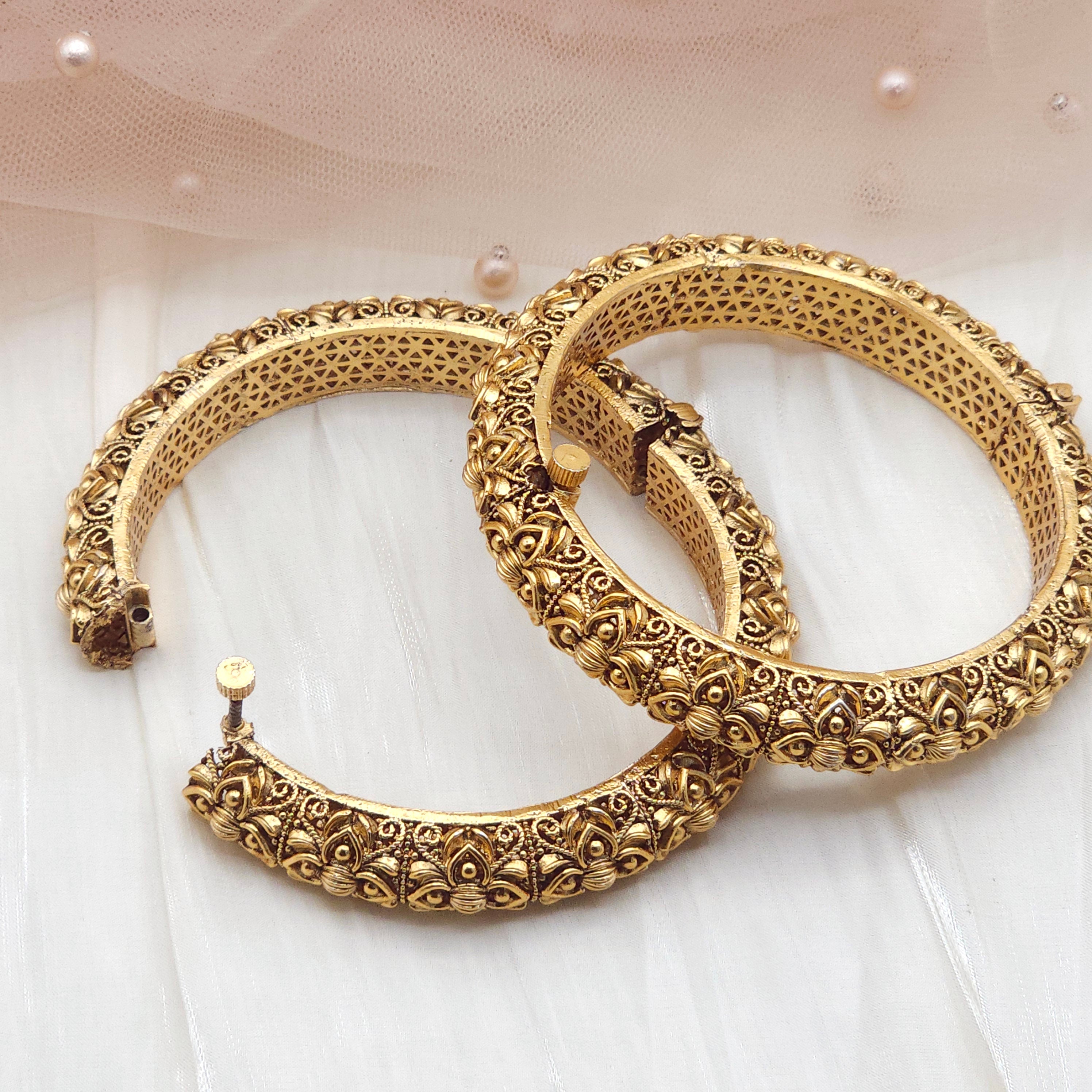 Jaya Gold-Plated Openable Bangle Set – Traditional Floral Design