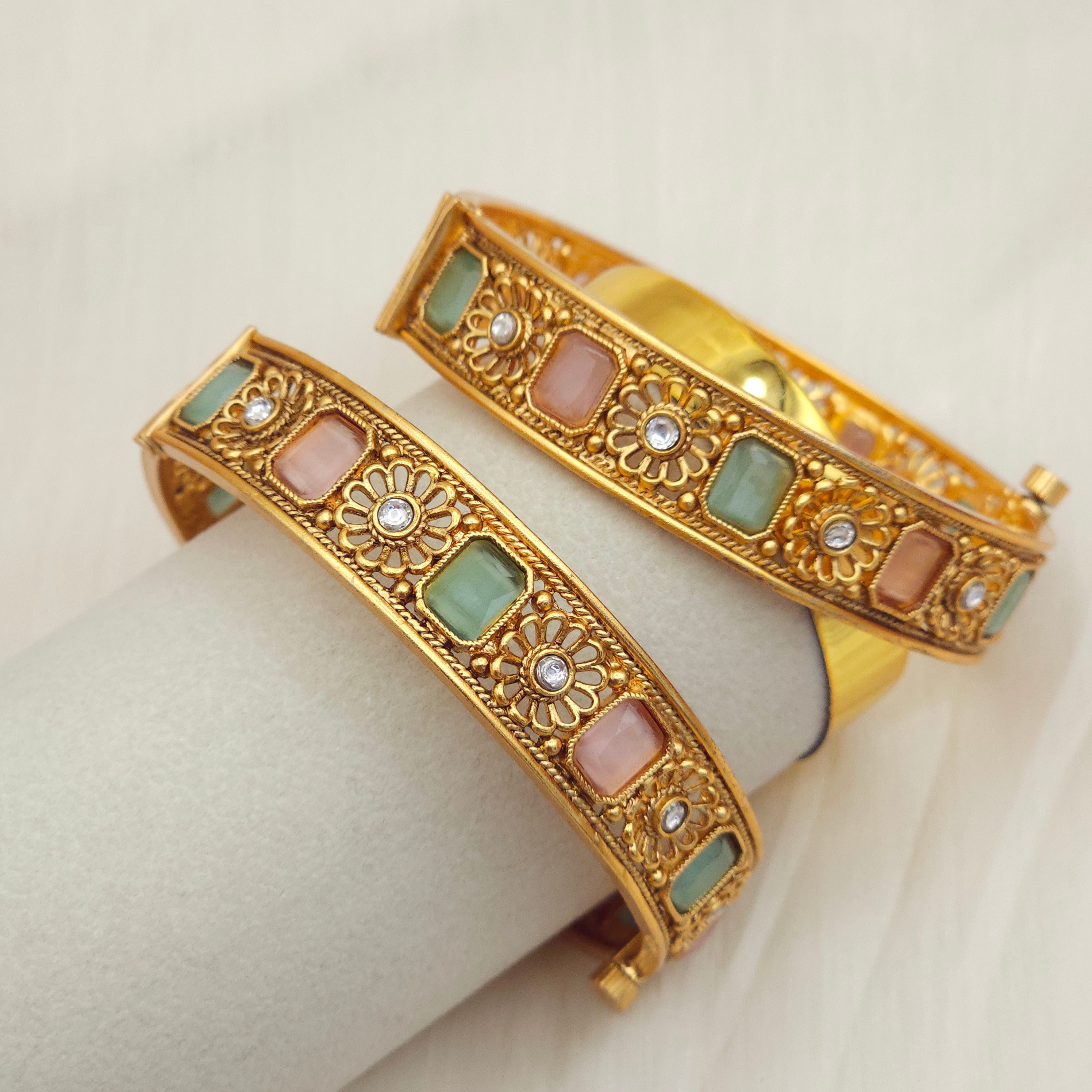 Gold Openable Bangle Set - Mint Pink