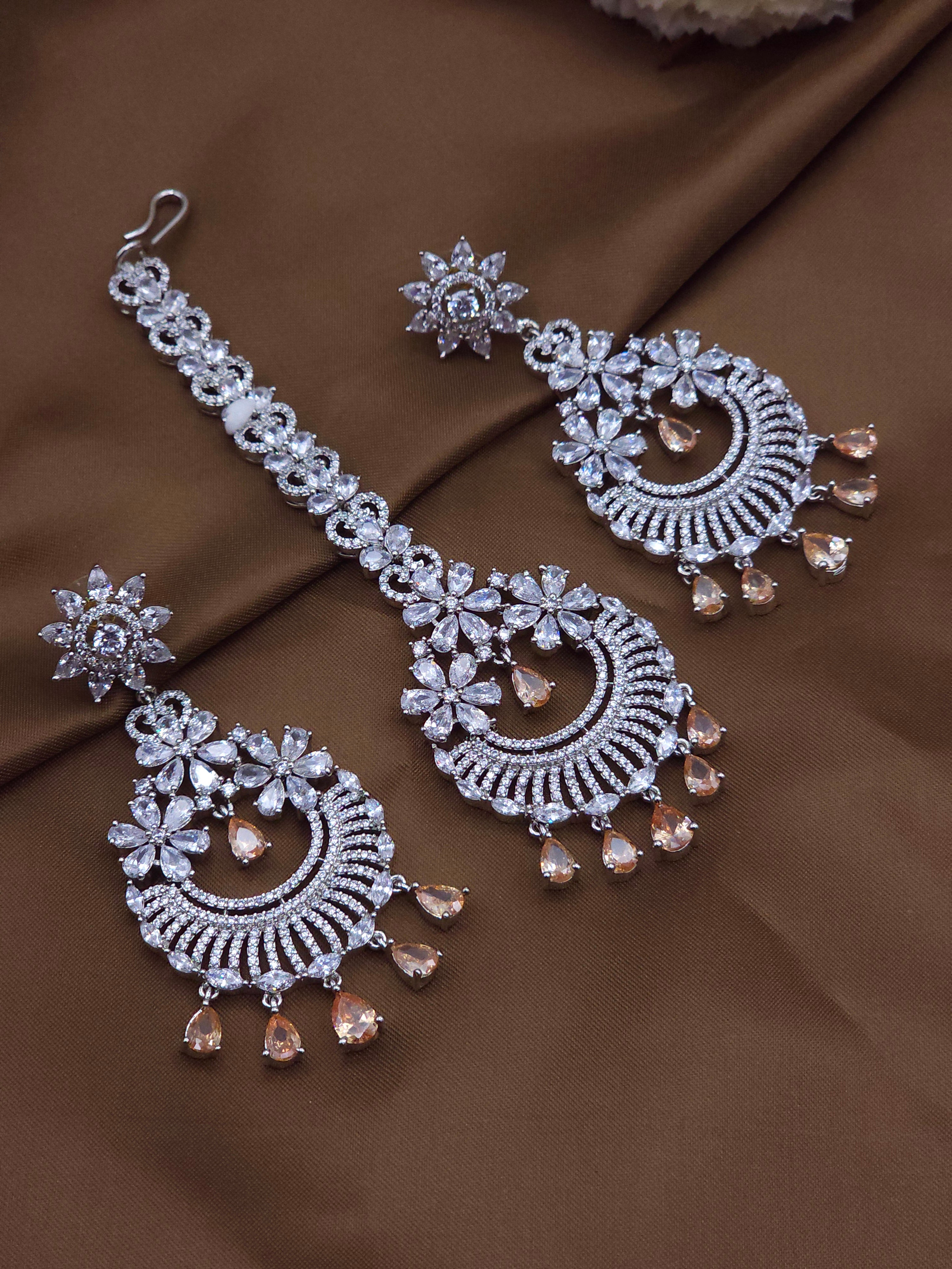 CZ Diamond Chandbali Earrings Tikka Set