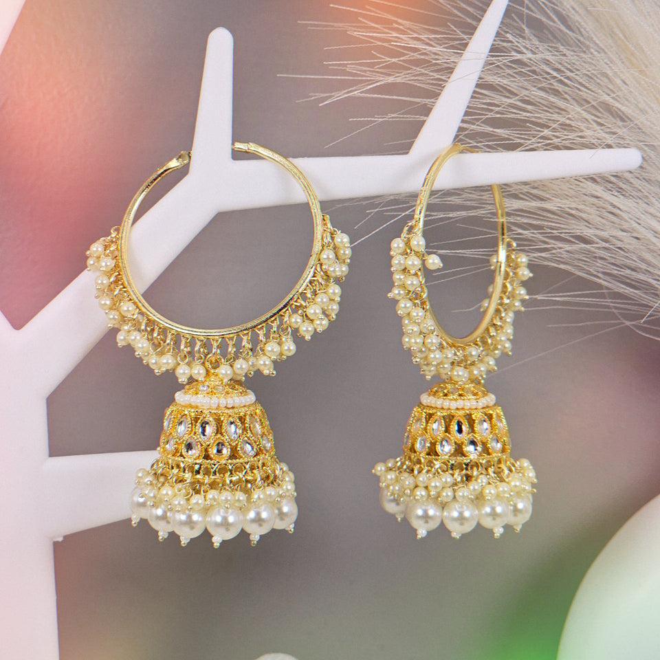 Raya - Stunning White Kundan Gold Plated Hoop Jhumka Earrings – Dress | Fancy Fab Jewels UK