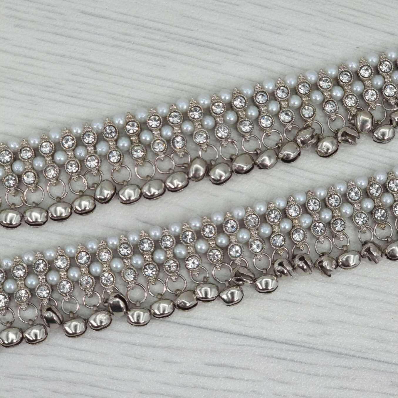 Meera - Silver Polki and Pearl Anklet with Bells - Fancy Fab Jewels