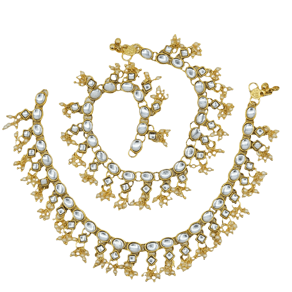 Neha Oval Shape Kundan Stone Pearl detailed Anklets - Fancy Fab Jewels