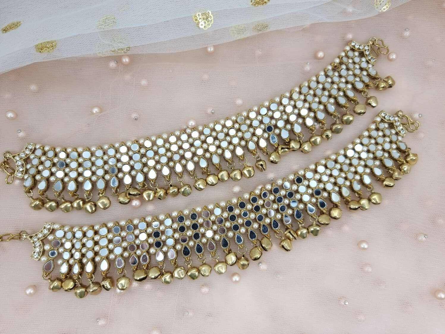 Simran - Antique Gold Mirrored and pearl Anklet With Bell - Fancy Fab Jewels