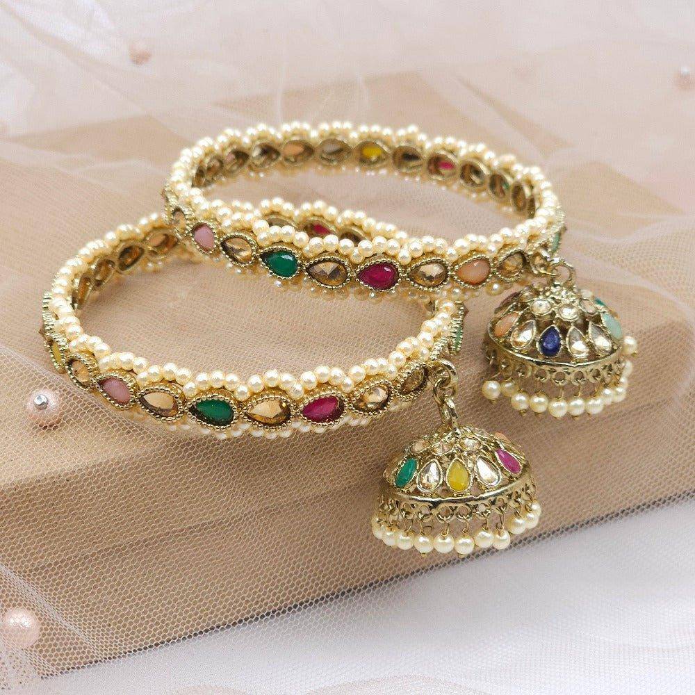 Antique Gold Polki Jhumka Drop Bangles Multicolor - Fancy Fab Jewels