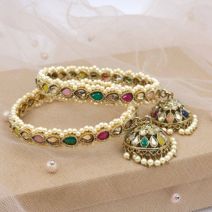 Antique Gold Polki Jhumka Drop Bangles Multicolor - Fancy Fab Jewels