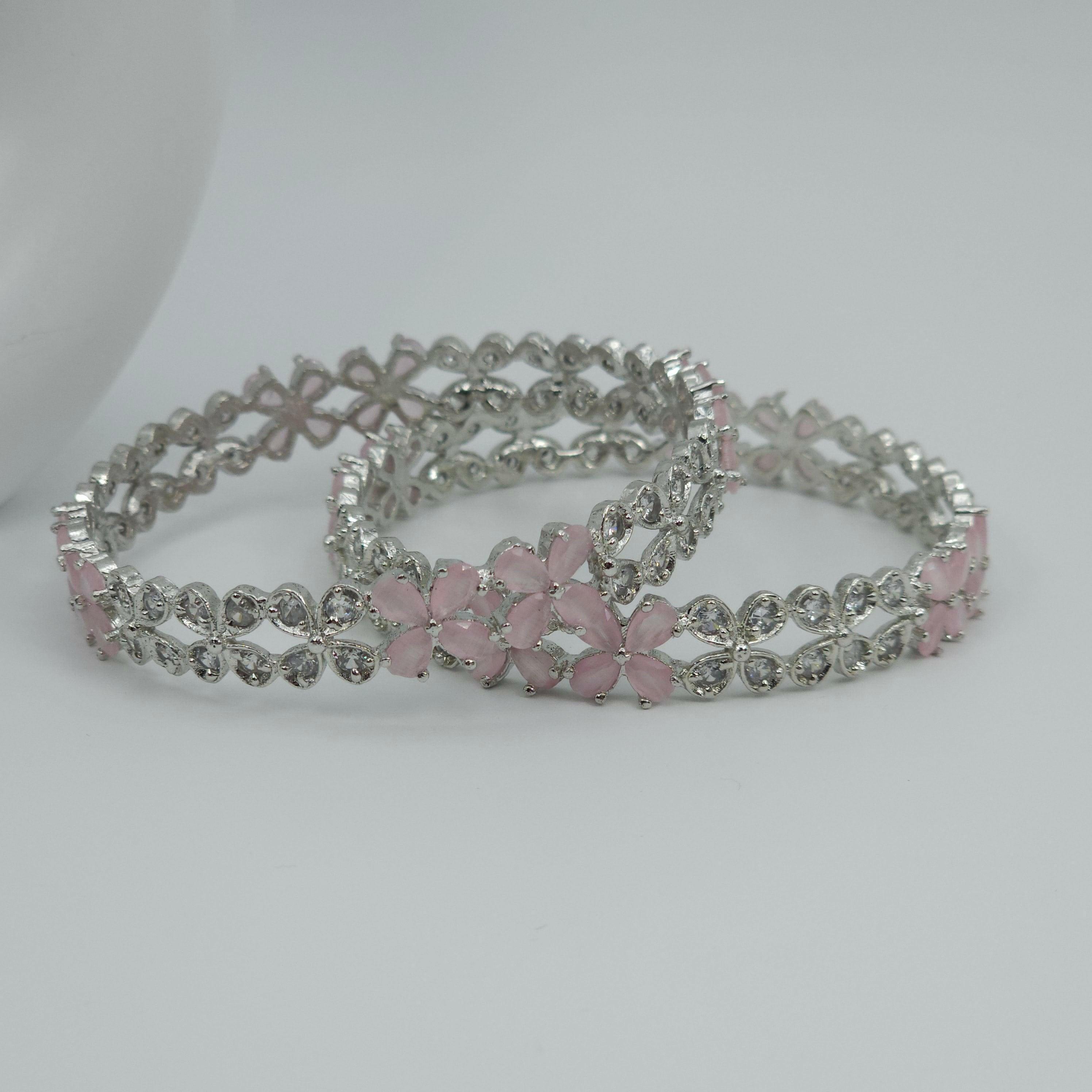 Silver Pink Floral AD Bangles - Fancy Fab Jewels