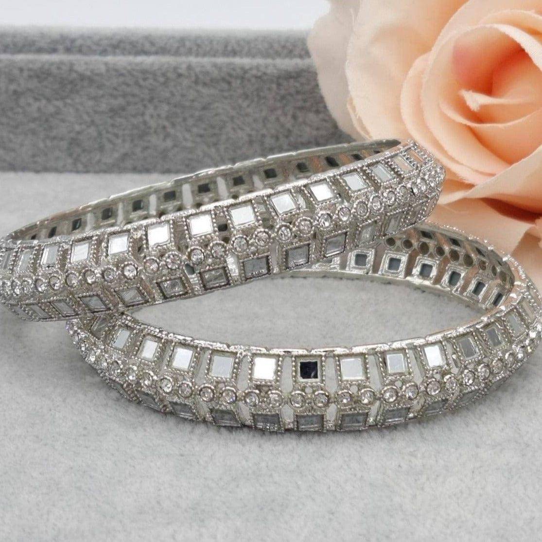 Pair of Silver Mirror Indian Asian Bangle Set - Fancy Fab Jewels