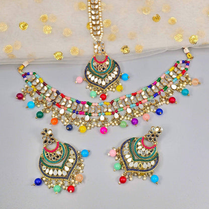 Priya Multicolor Mirror Choker Necklace Set - Gold - Fancy Fab Jewels