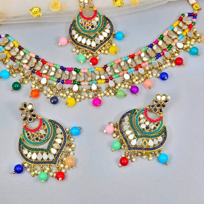 Priya Multicolor Mirror Choker Necklace Set - Gold - Fancy Fab Jewels