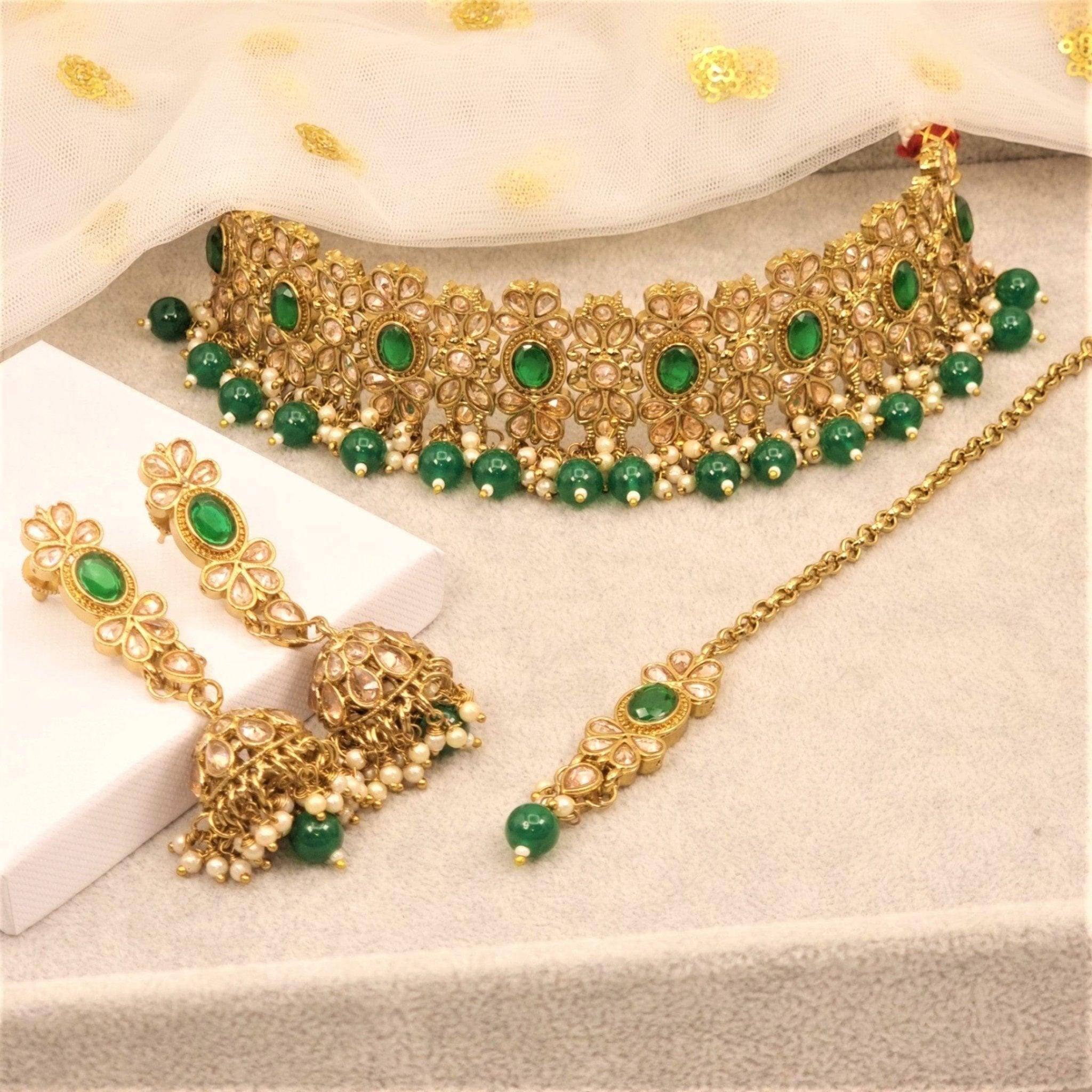 Husna Antique Gold Polki Choker Set - Green - Fancy Fab Jewels