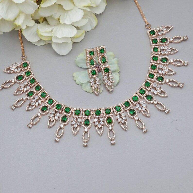 Ruma Rose Gold Emerald Green American Diamond CZ Necklace Set - Fancy Fab Jewels