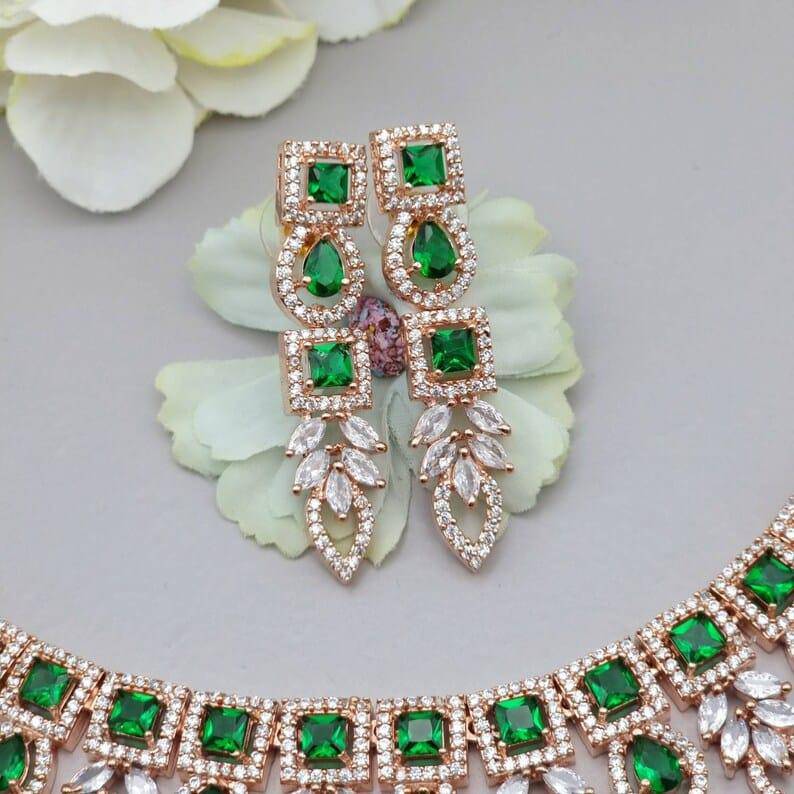 Ruma Rose Gold Emerald Green American Diamond CZ Necklace Set - Fancy Fab Jewels