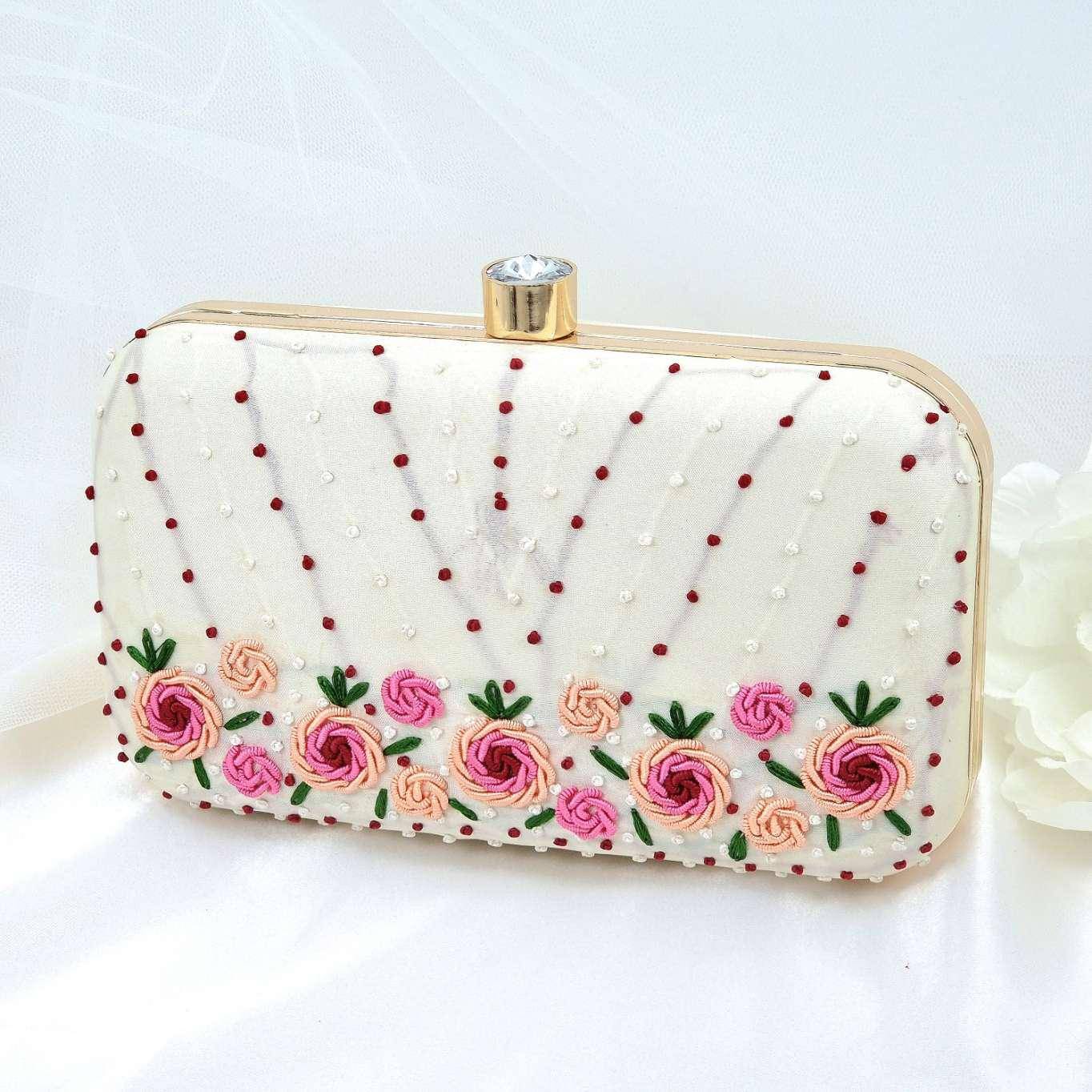 CREAM Embroidered Phulkari Clutch - Fancy Fab Jewels