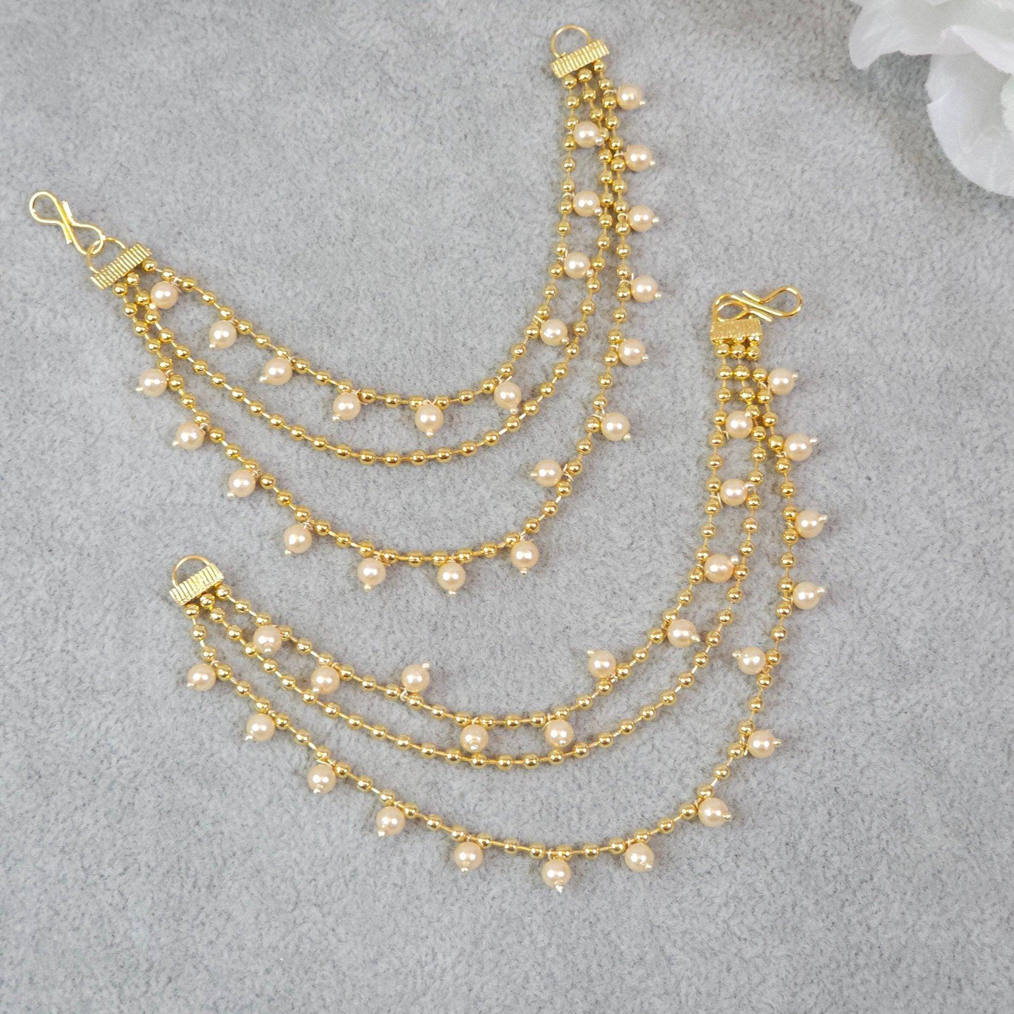 Bahubali Polki and Pearl Earring Chains/Earchain - Fancy Fab Jewels