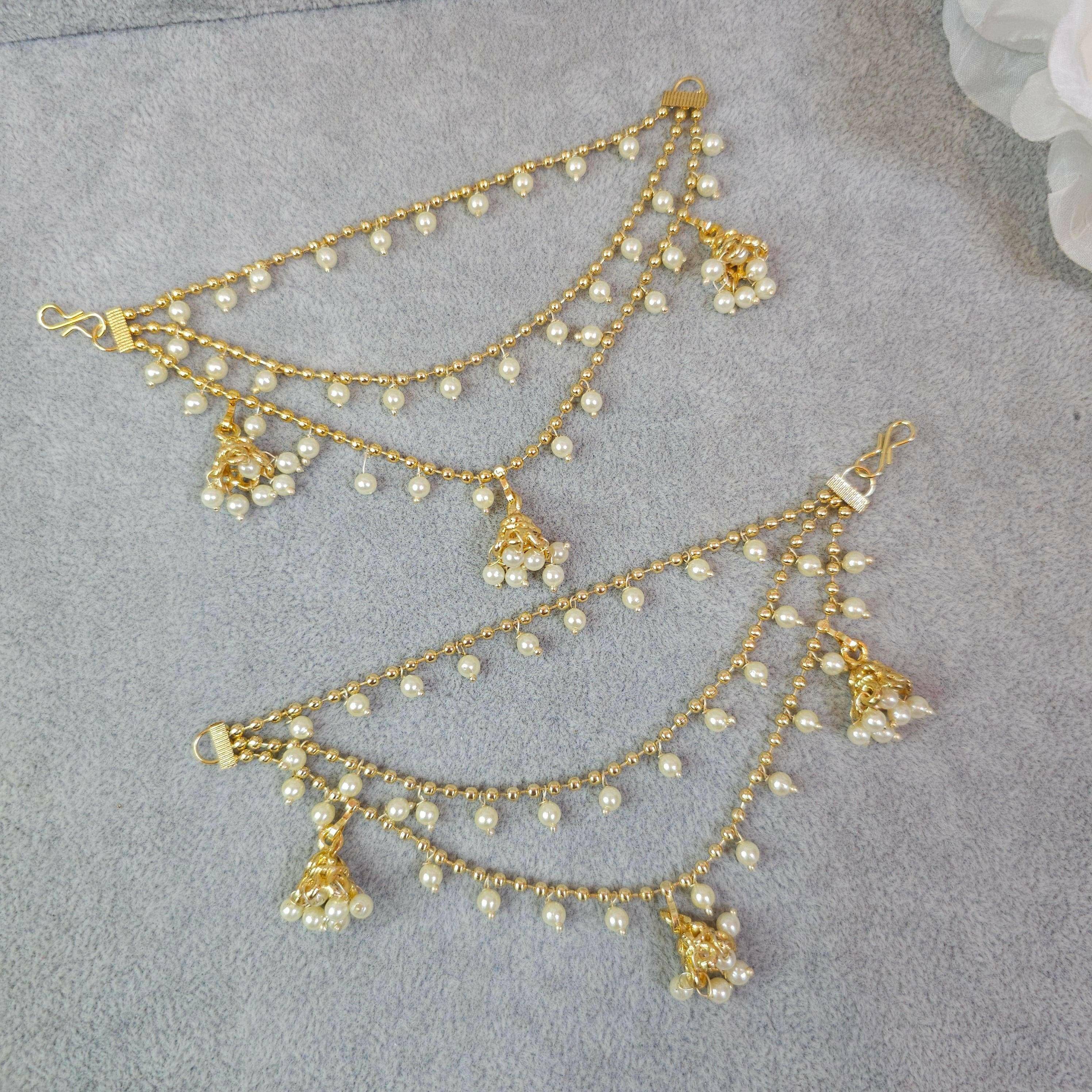 Vedika - Bahubali Polki and Pearl Earring Chains/Earchain - Fancy Fab Jewels