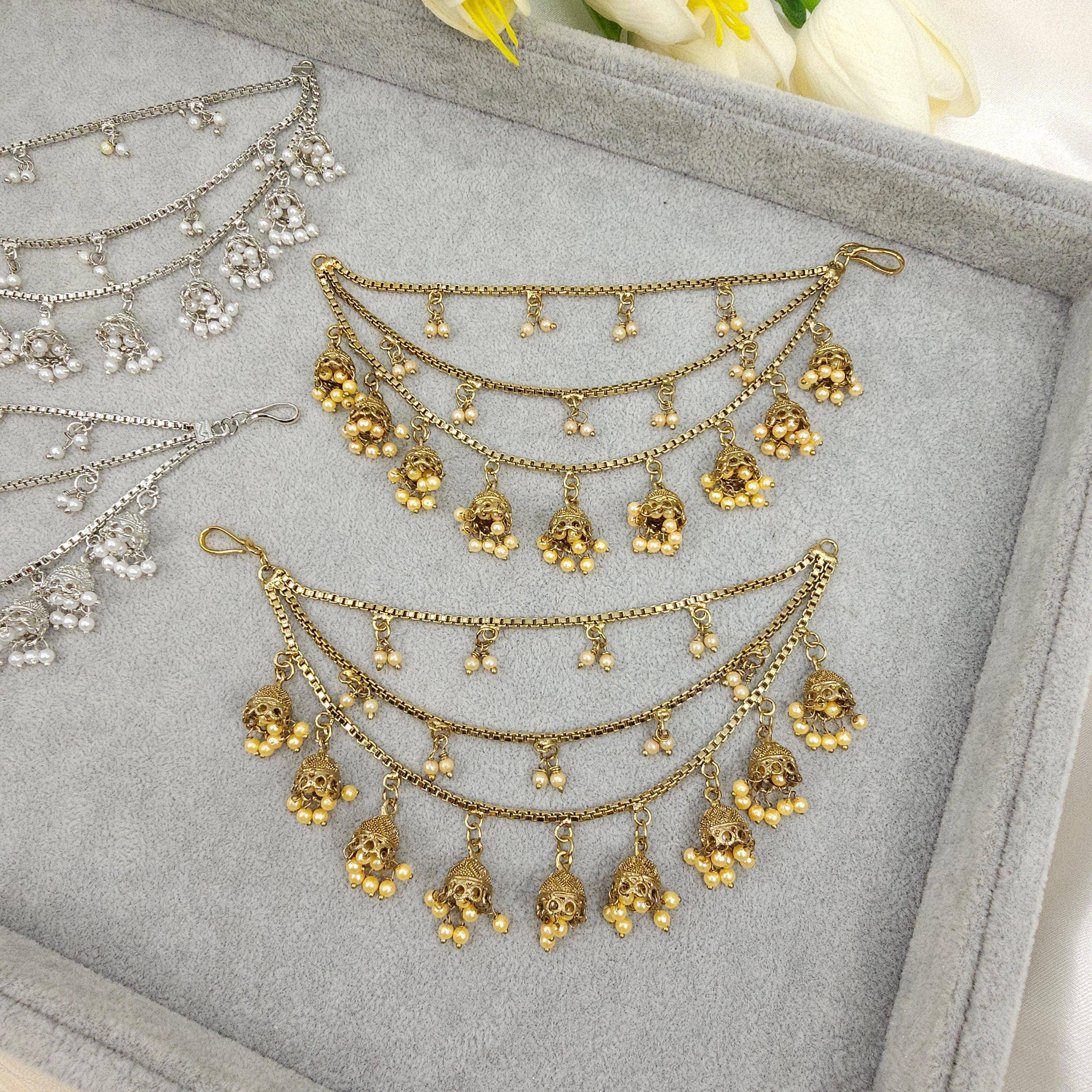 Sona - Jhumka detailed Polki and Pearl Earring Chains - Fancy Fab Jewels