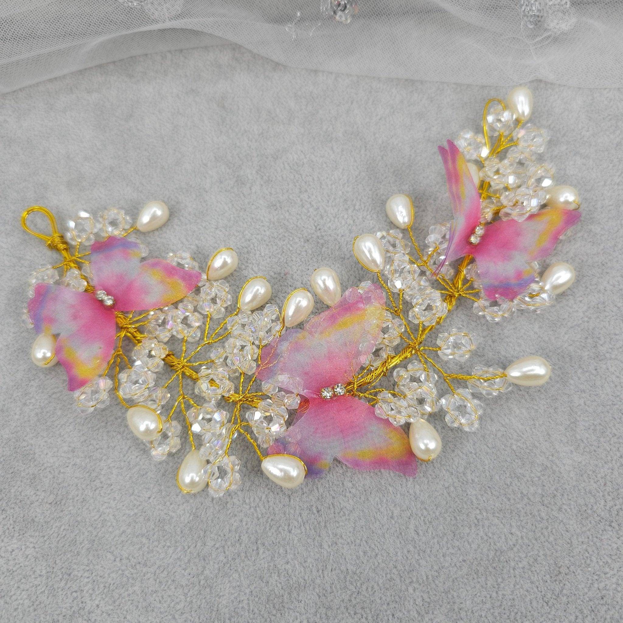 Butterfly Bridal Hairvine Headpiece Pink - Fancy Fab Jewels