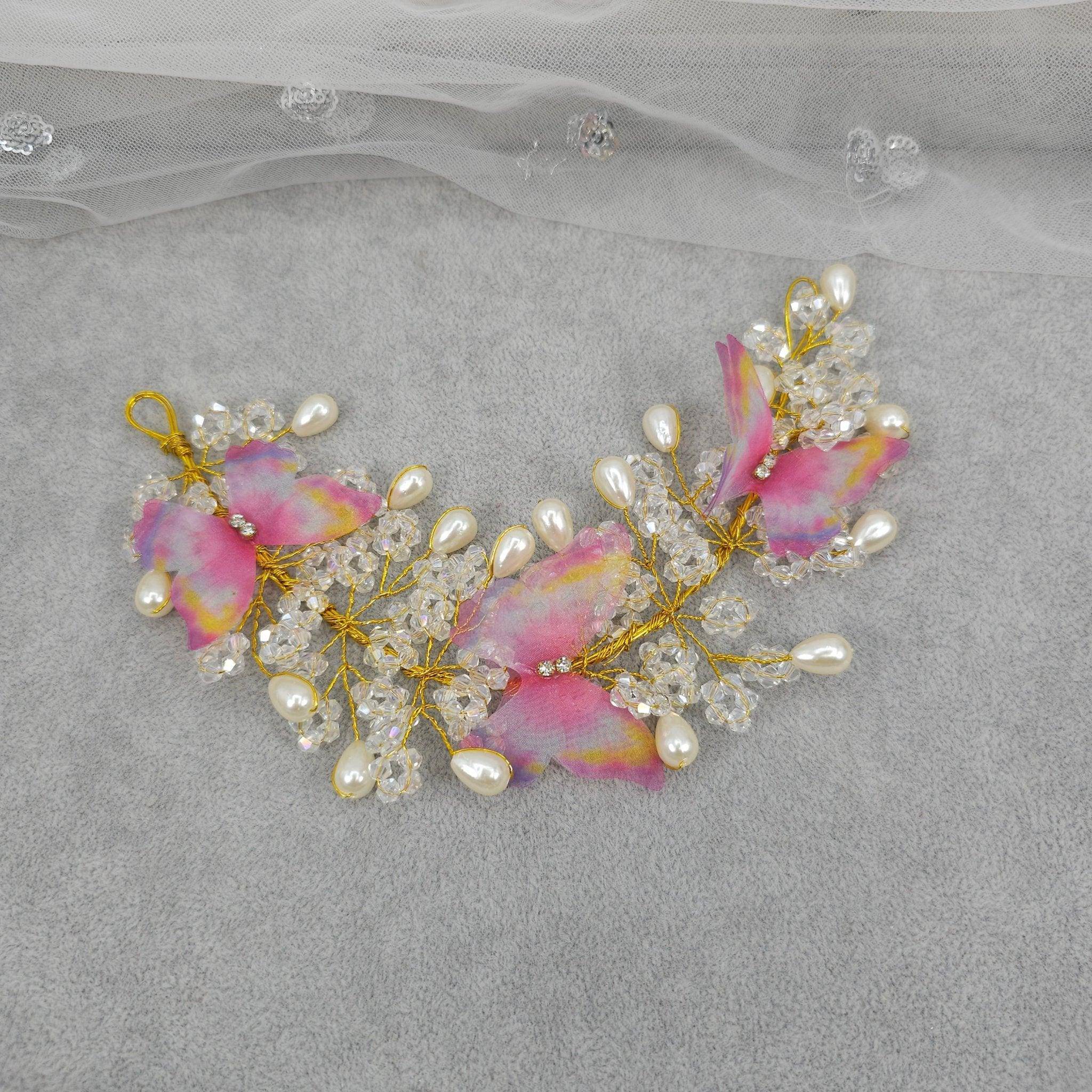 Butterfly Bridal Hairvine Headpiece Pink - Fancy Fab Jewels