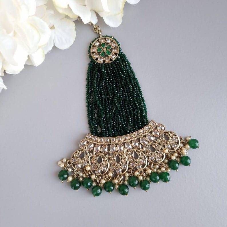 Green Antique gold Beaded Jhoomar, Passa, - Fancy Fab Jewels