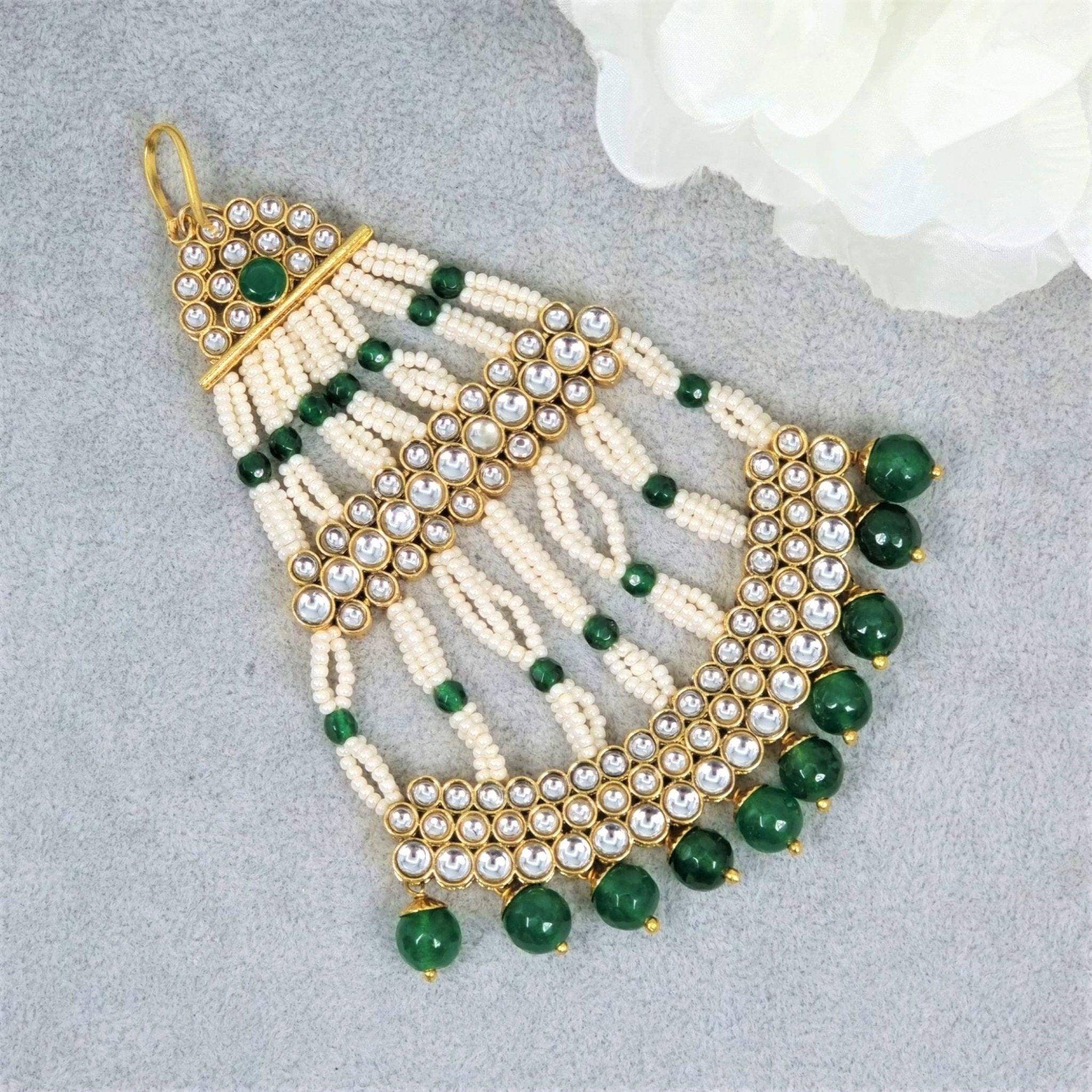 Kundan Pearl Bridal Passa Jhoomar - Green - Fancy Fab Jewels