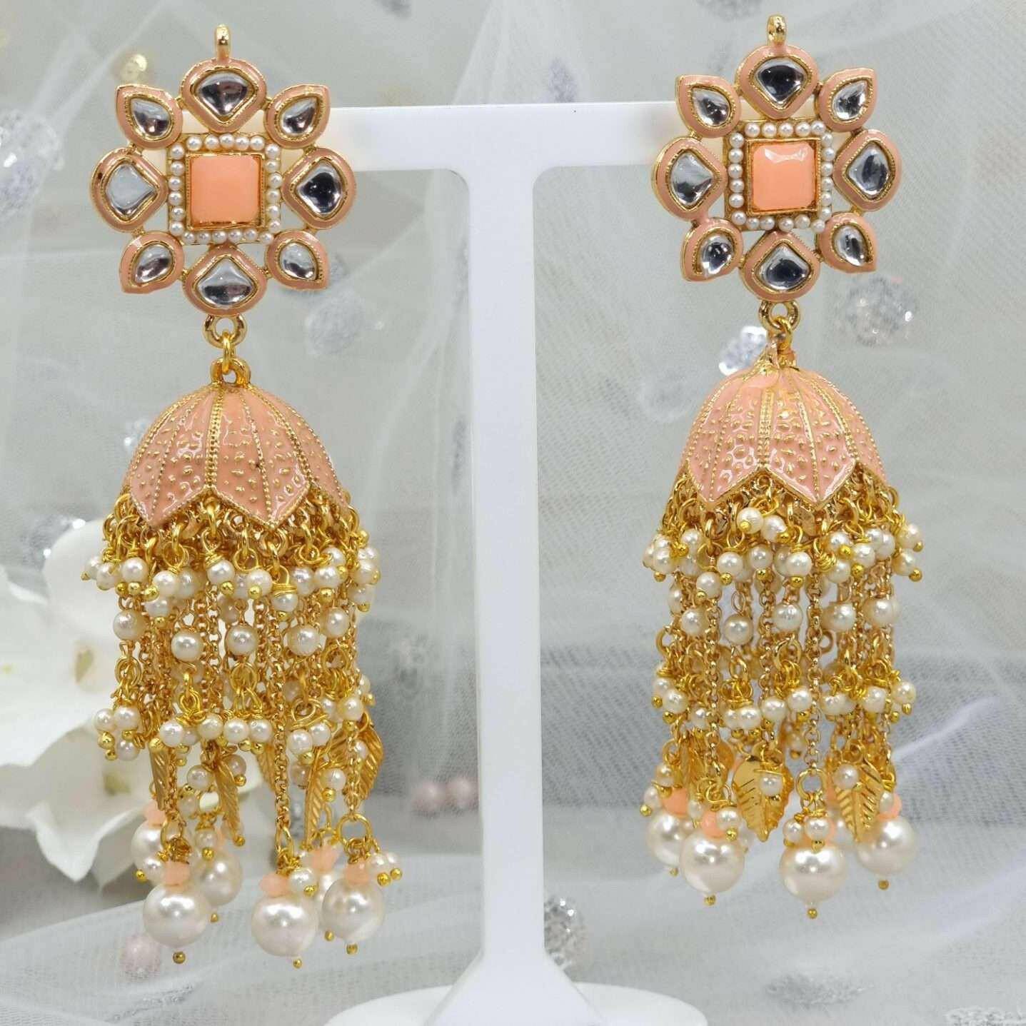 Veena Kundan Painted Statement Jhumka Earrings - Fancy Fab Jewels