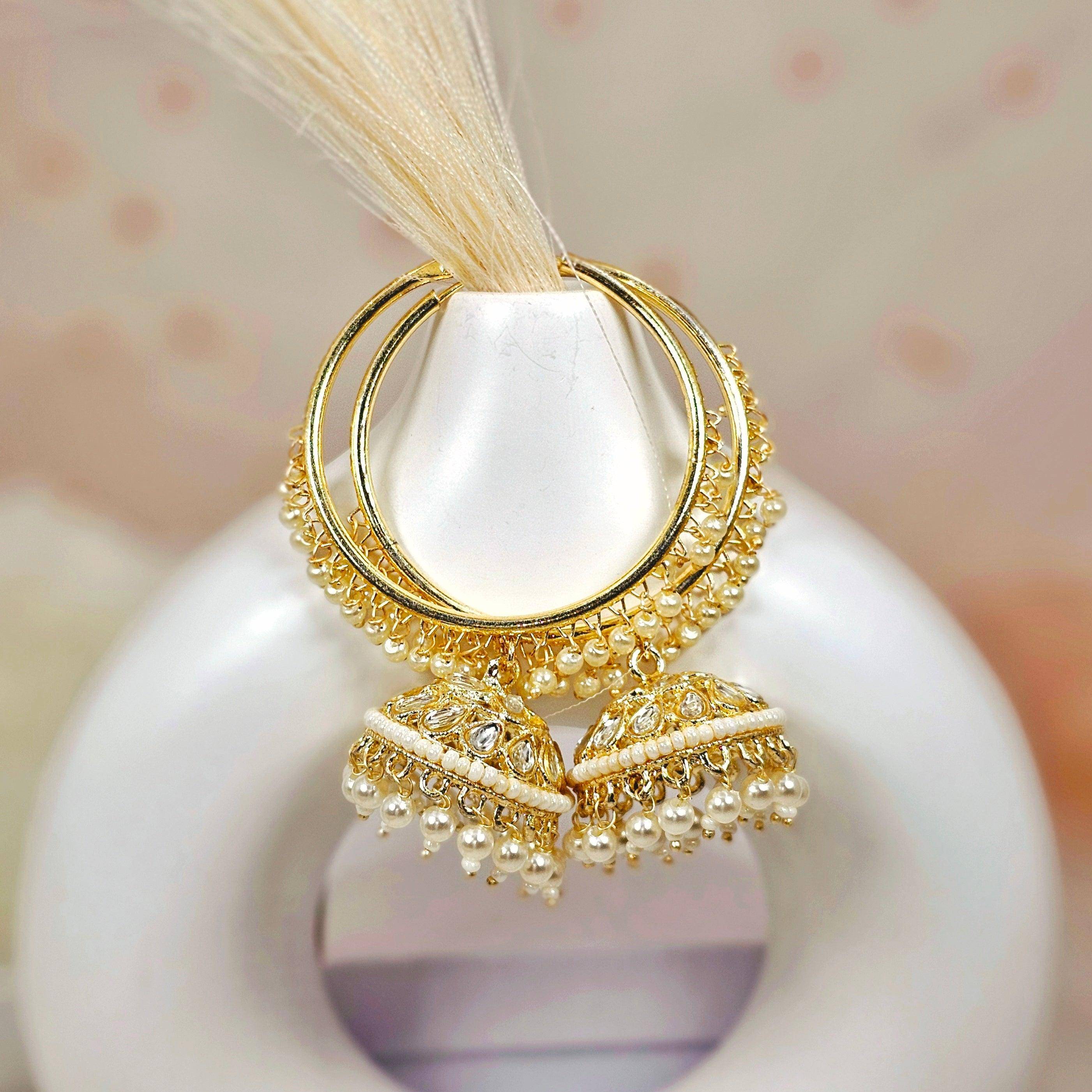 Jia - Stunning White Kundan Gold Plated Hoop Jhumka Earrings - Fancy Fab Jewels