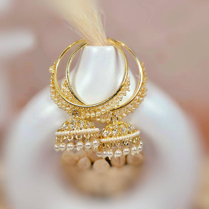 Jia - Stunning White Kundan Gold Plated Hoop Jhumka Earrings - Fancy Fab Jewels