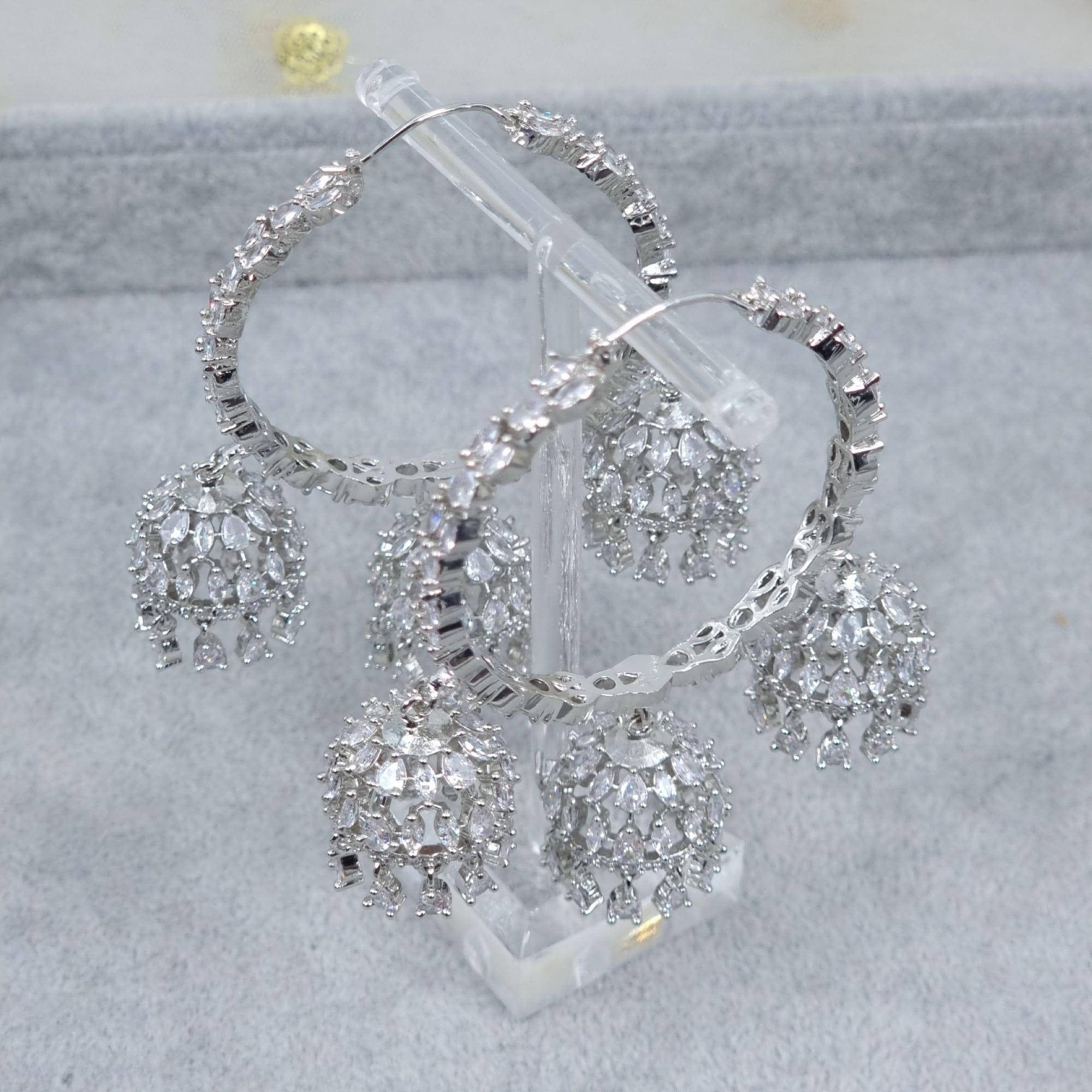 KANVAL Hoop triple drop AD Jhumki Earrings Silver - Fancy Fab Jewels