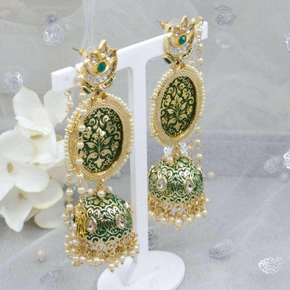 Sonia - Green Kundan Jhumki with Ear Chain - Fancy Fab Jewels