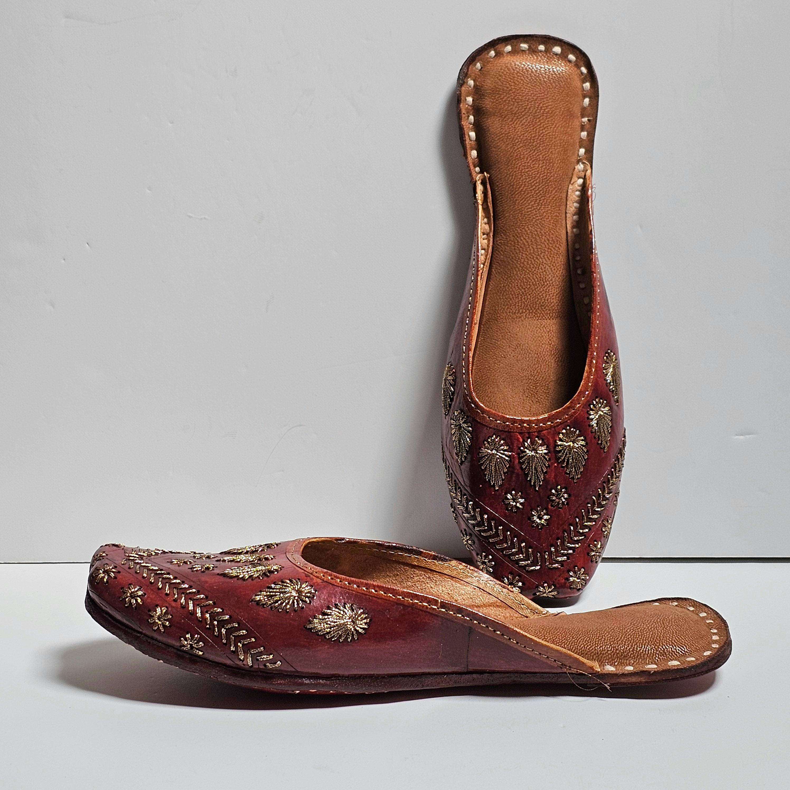 Women's Handmade Embroidered Brown Leather Punjabi Juttis - Fancy Fab Jewels