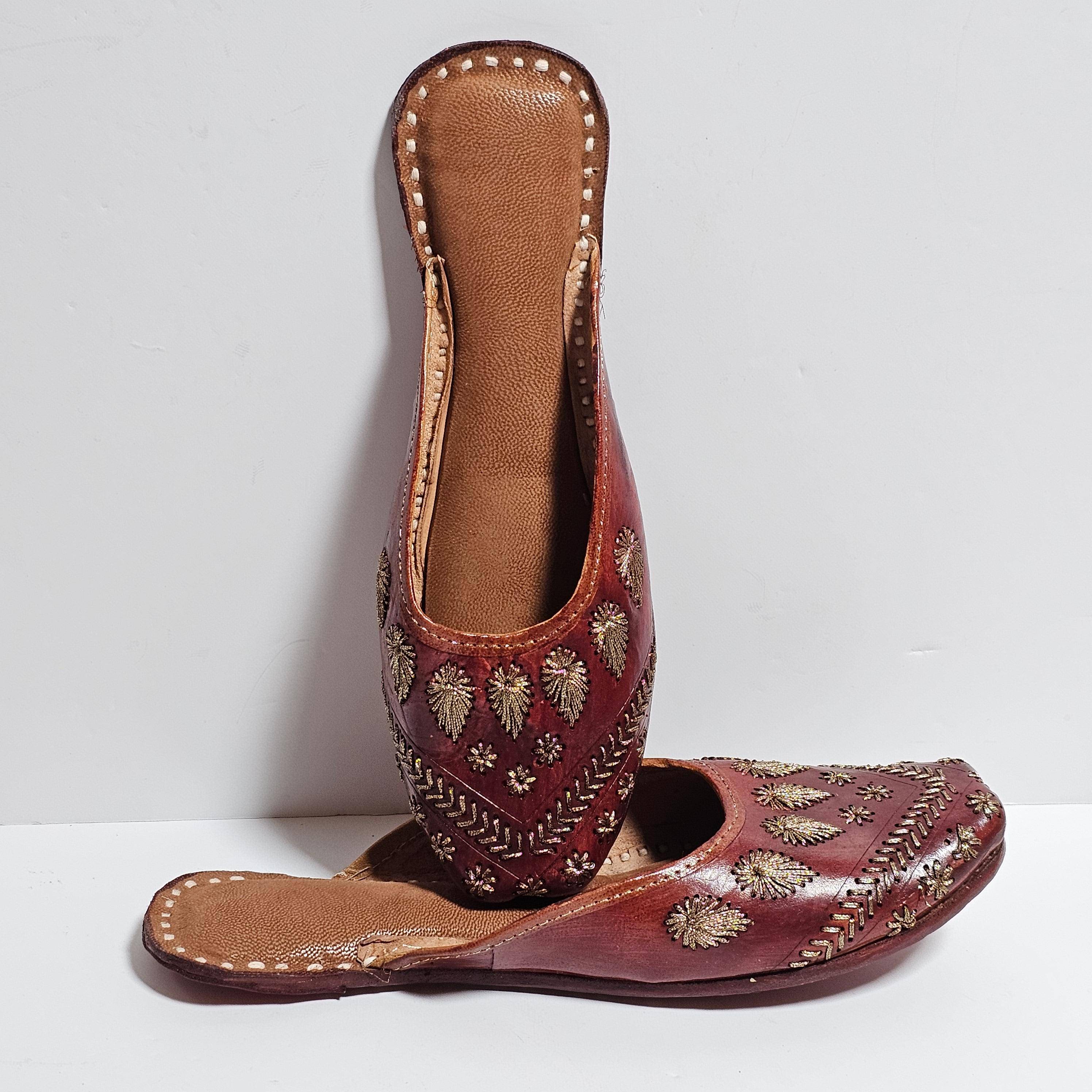 Women's Handmade Embroidered Brown Leather Punjabi Juttis - Fancy Fab Jewels